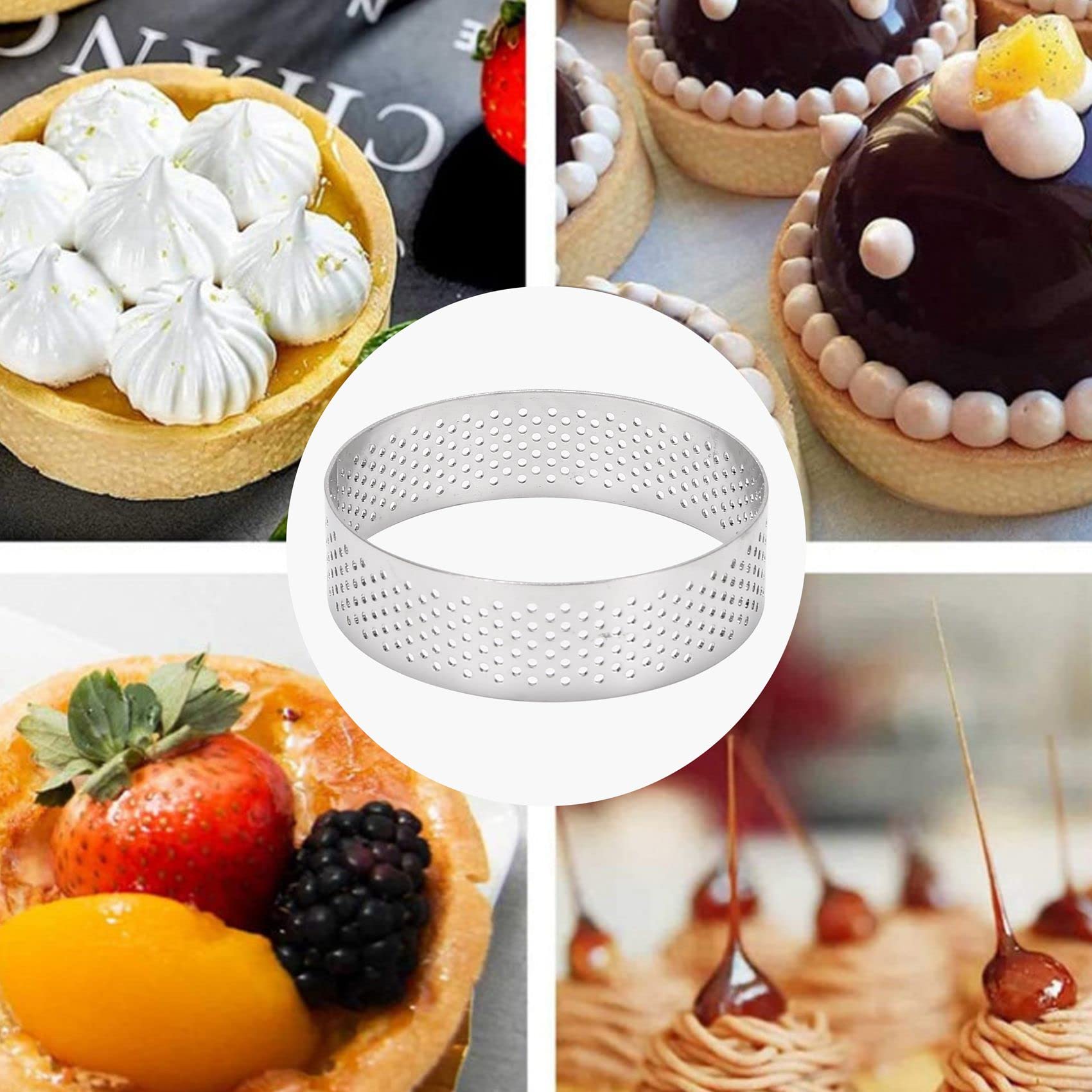 Anello culinario in acciaio inossidabile 304 Stampi per crostate da 4 cm per cuocere torte Tartare Tickle con tappo Stampo perforato Cerchio Torta Mini Tartar  15