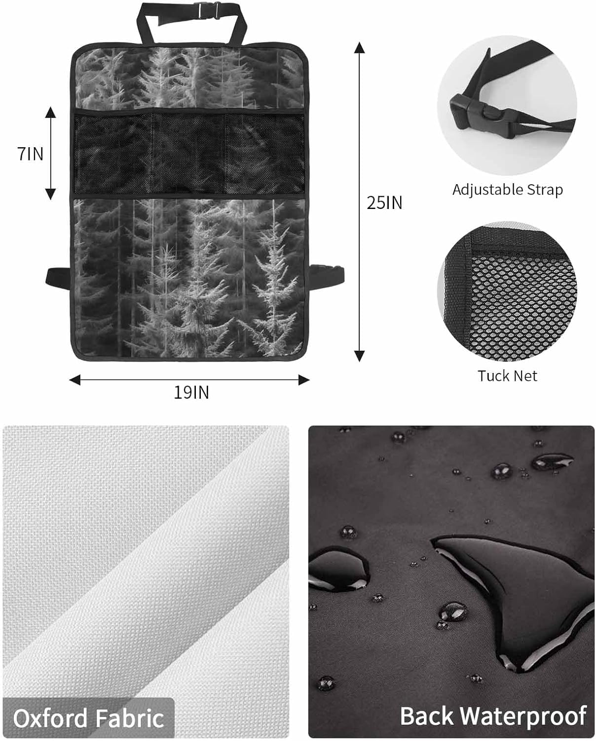 T&H XHome Car Seat Protector, 2 Pack Kick Mats with Organizer - 3 Pocket Storage, Summer Black White Pine Trees Forest Back Seat Cover for Kids Universal Fit Automotive Interior Protectors