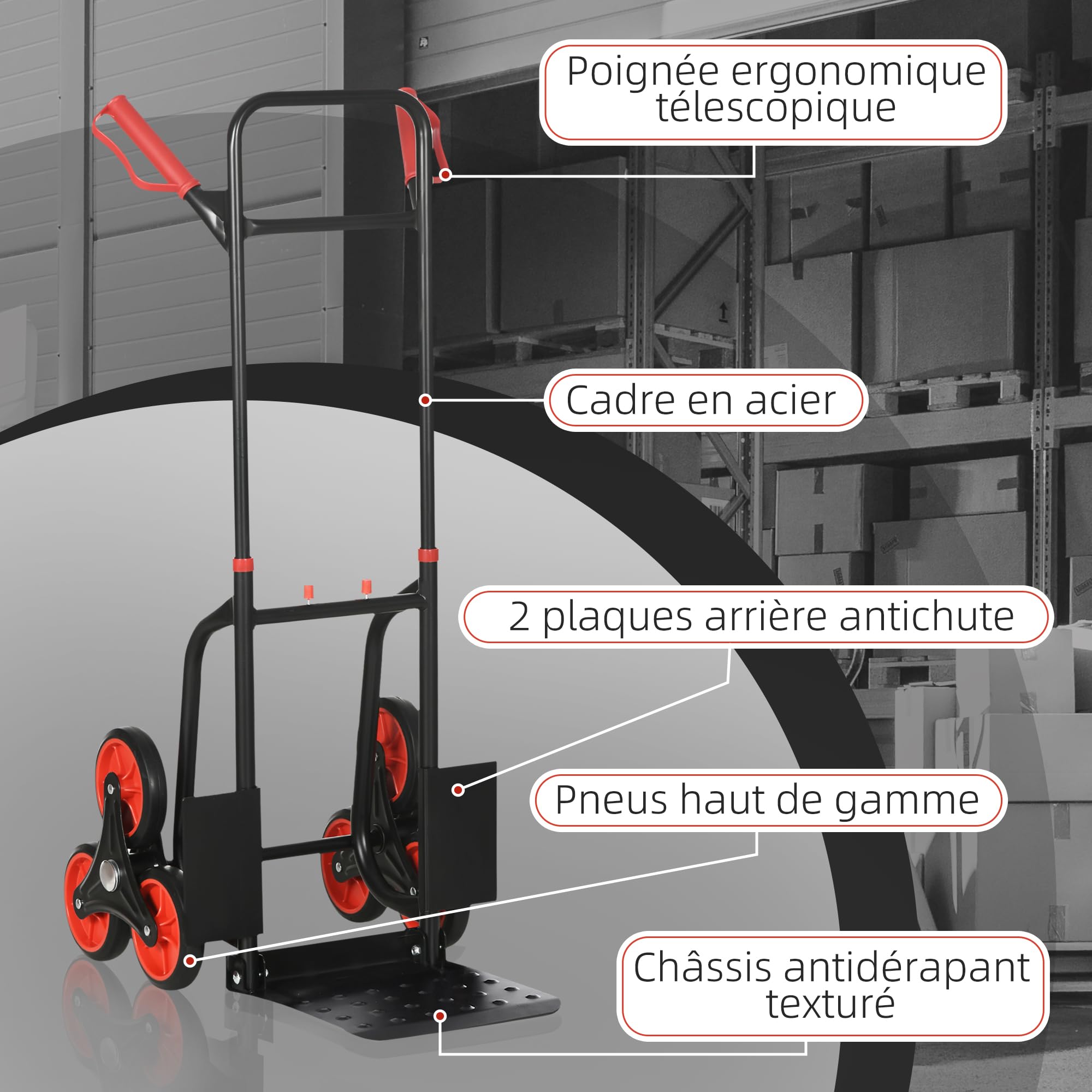 DURHAND Diable d'escalier Pliable 120 kg 6 Roues, Diable demenagement Robuste en Acier avec Cordes télescopiques, Chariot de Transport pour entrepôt, aéroport, Objets volumineux & Lourds, Rouge