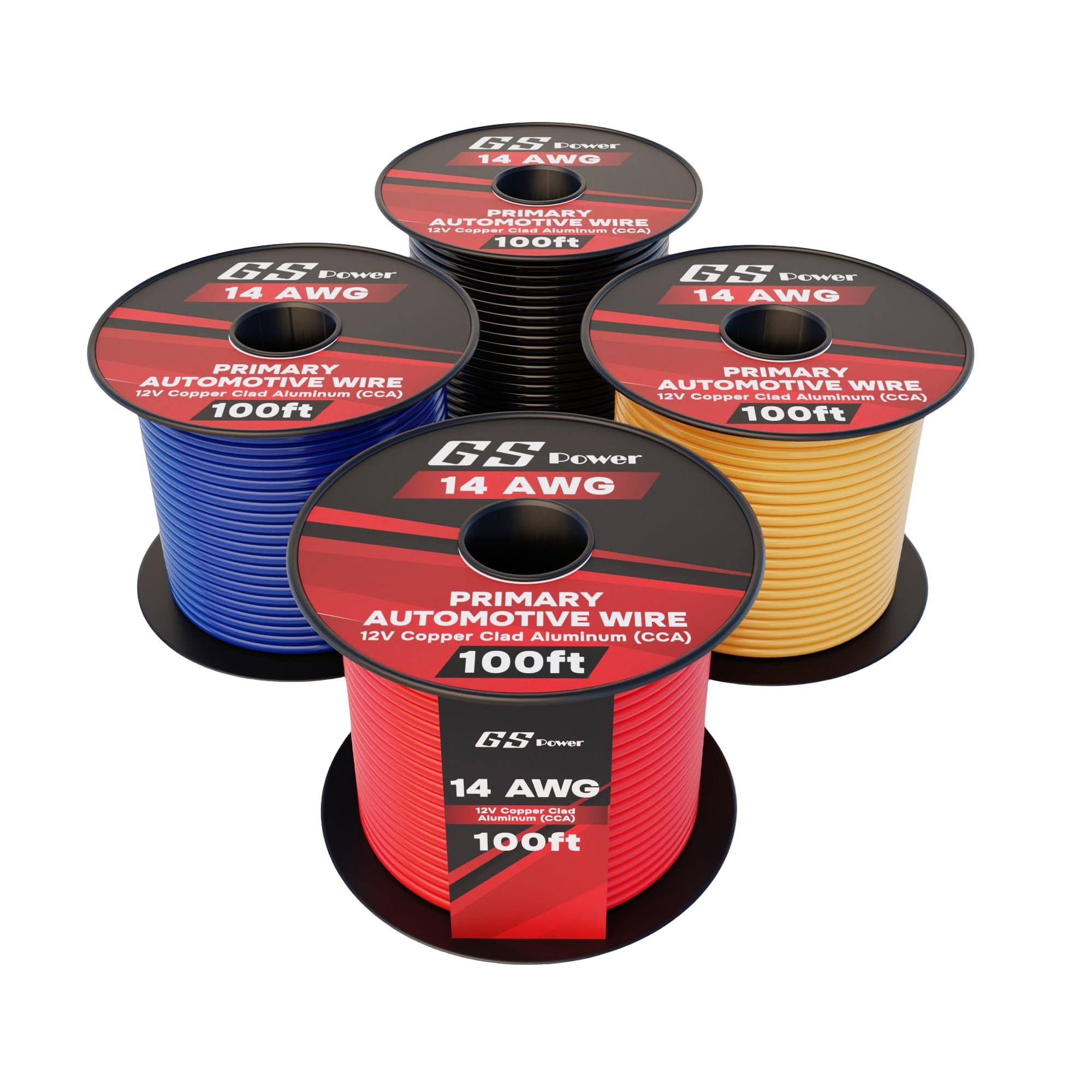 14 Gauge 4 Color Pack in 100 ft Roll (400 Feet Total) Copper Clad Aluminum CCA Low Voltage Primary Wire for Automotive Harness Car Audio Video Wiring. Also in 10 Color Combo