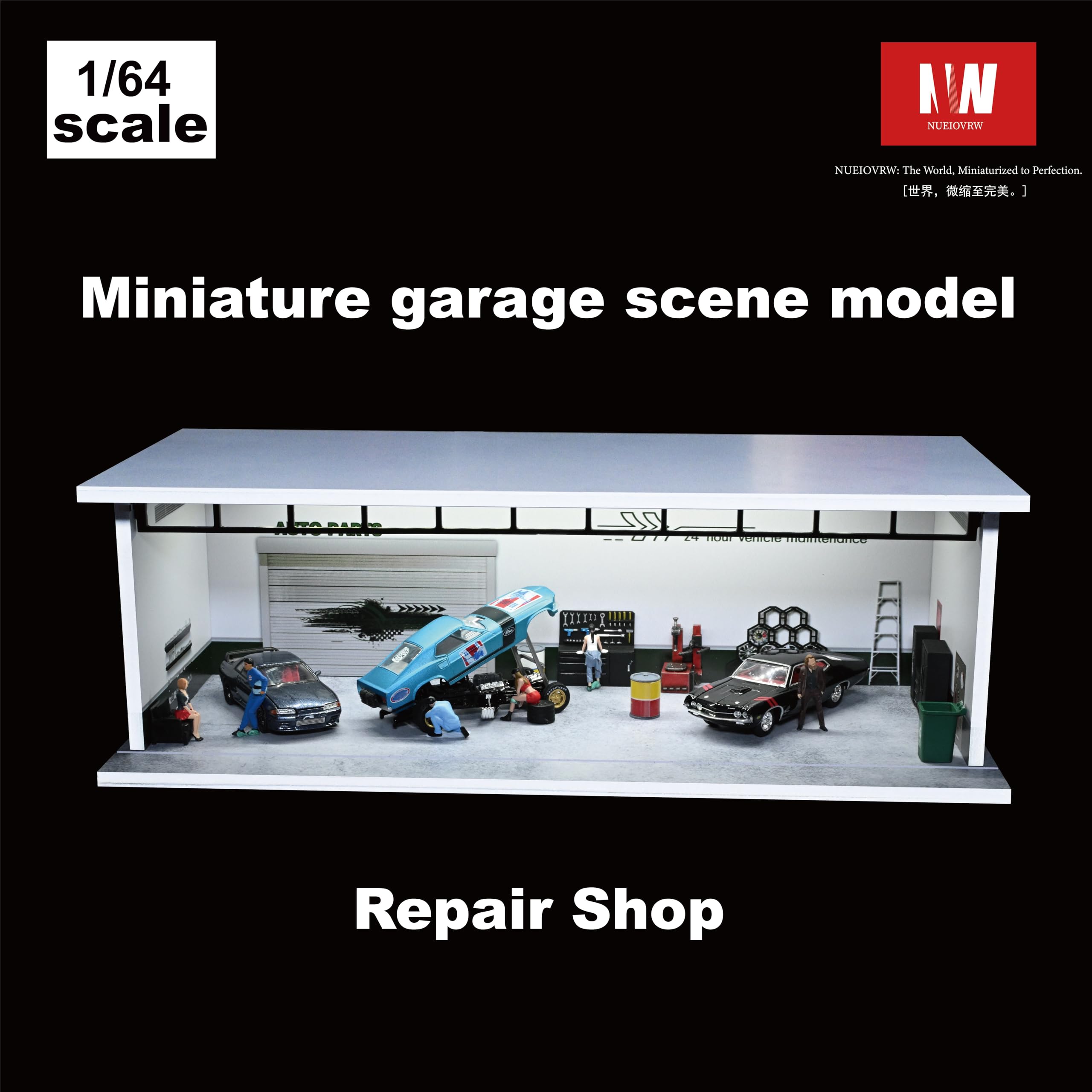 Modèle de garage diorama 1/64, avec éclairage LED, ville, salle d'exposition, scène de parking, échelle 1/64, boîtier d'affichage de garage pour modèle de scène de voiture, jouet idéal (Repair Shop)