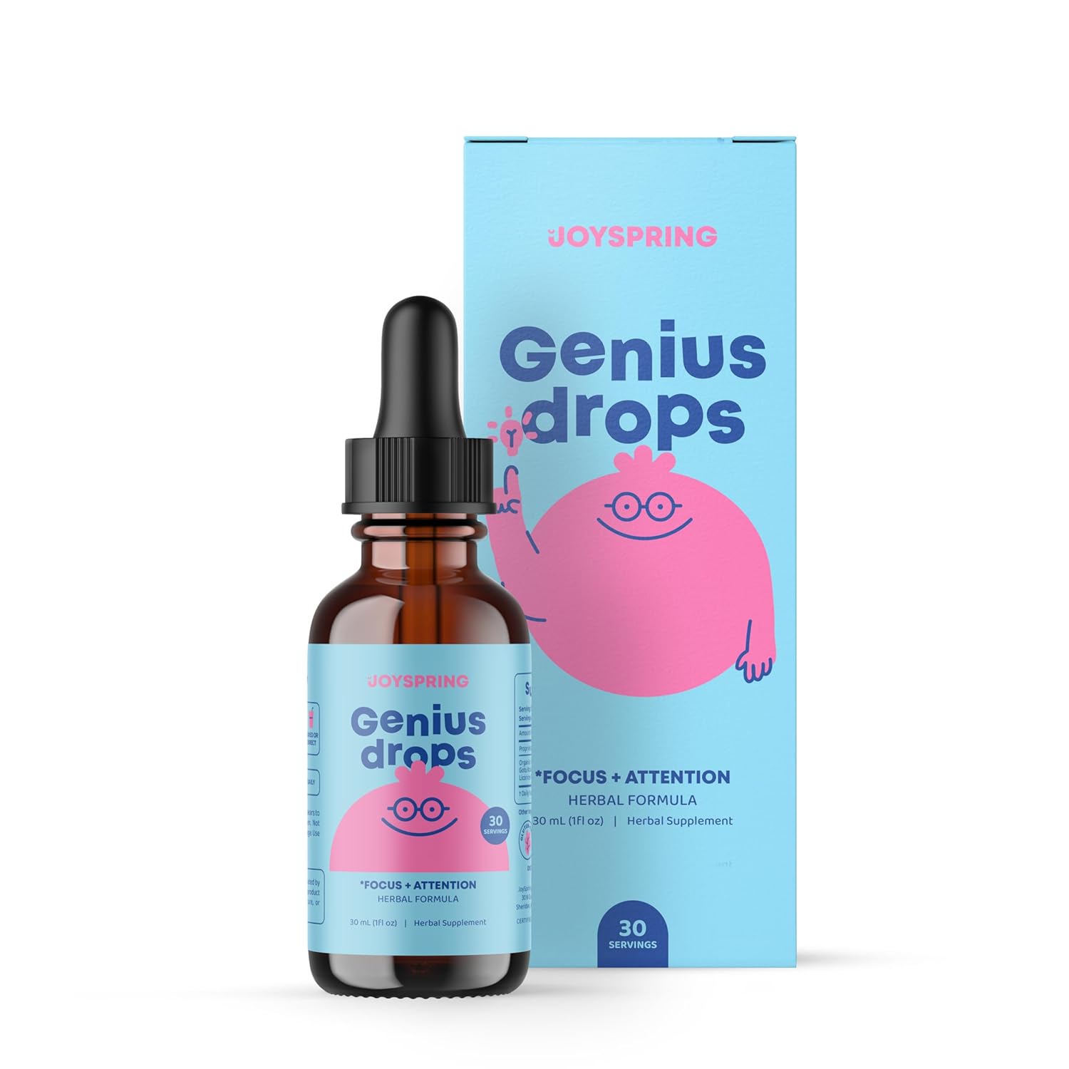JoySpring Genius Drops for Kids | Clinically Proven Focus Supplement | Liquid Herbal Focus Supplement with Ginkgo Biloba for Kids (1 fl oz) 30 Servings