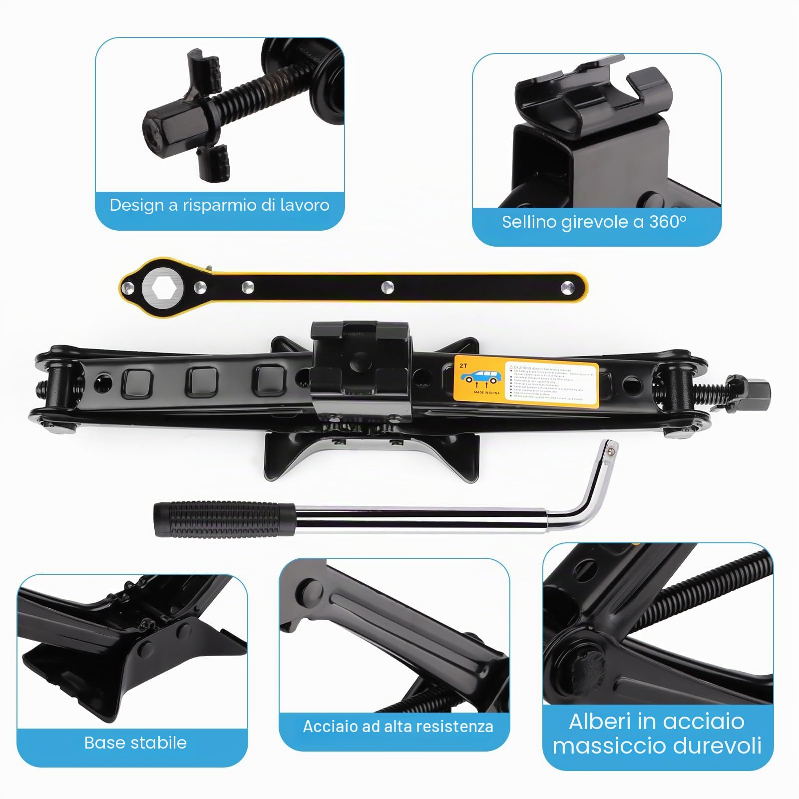 NVIYAM Cric Auto 2T, Set Professionale Cric a Forbice con manovella e chiave telescopica per dadi, Kit Di Cric Auto Professionale Cric Portatile per SUV, Camion, Auto