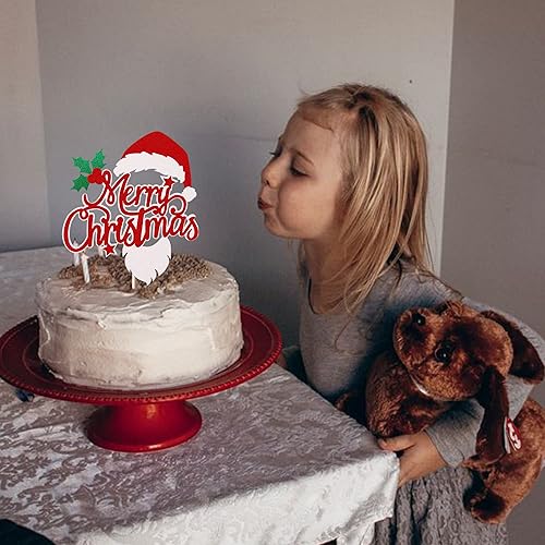 Miniatura 6 de Rsstarxi 1 paquete de decoración de pastel de Navidad con purpurina de hojas de acebo y bayas, sombrero de Papá Noel, barba, pastel de Navidad para