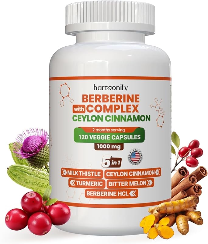 HARMONIFY Suplemento fitoterápico de berberina com canela-do-Ceilão, cardo-mariano, cúrcuma e melão-amargo, 1000 mg, 120 cápsulas