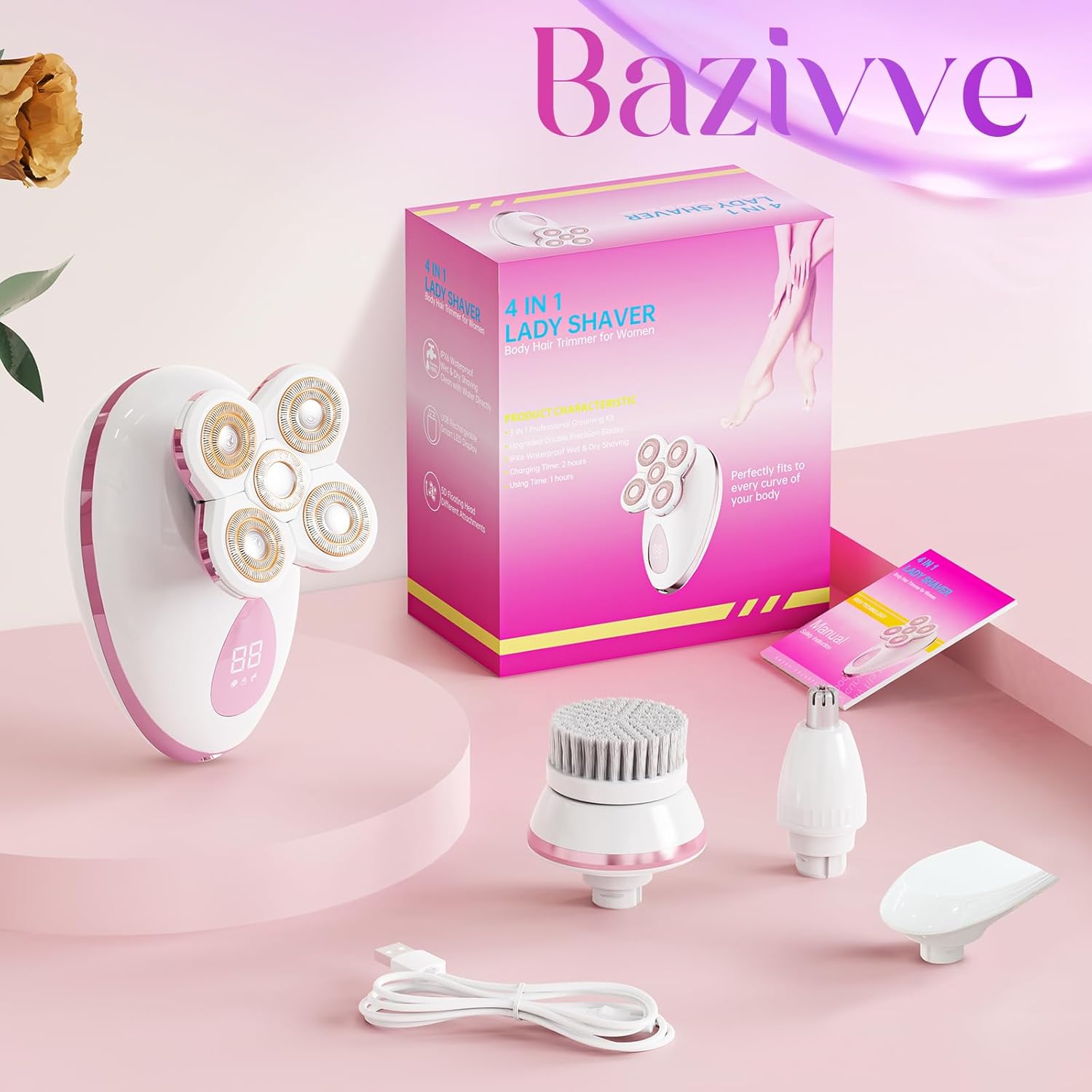 Electric Razors for Women Legs - Painless Body Shavers for Sensitive Skin - 5 in 1 Cordless Lady Trimmer for Women's Leg, Bikini and Face - Waterproof Wet/Dry Remover, Rechargeable, Cherry