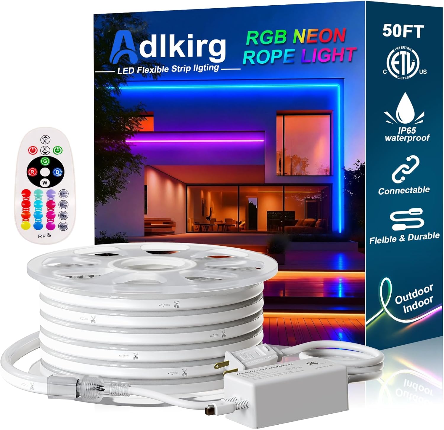 50FT RGB Neon Rope Lights with Remote,120V ETL Led Strip Lighting,Expandable Commercial Grade IP65 Waterproof Plug-in Led Rope Lights with Dimmable Power Adapter for Outdoor,Indoor Using