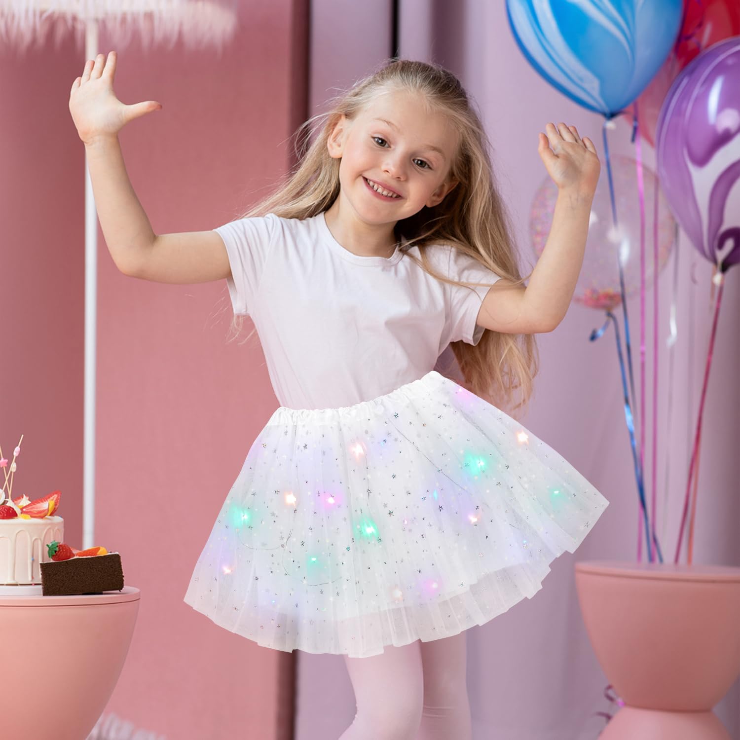 Wishstar Spódnica tiulowa dla dziewcząt, gwiazdy cekiny sukienka do tańca, 30 cm elastyczna mini spódnica z diodami LED, dla dziewczynek spódniczka baletowa na karnawał Halloween, sukienka baletowa