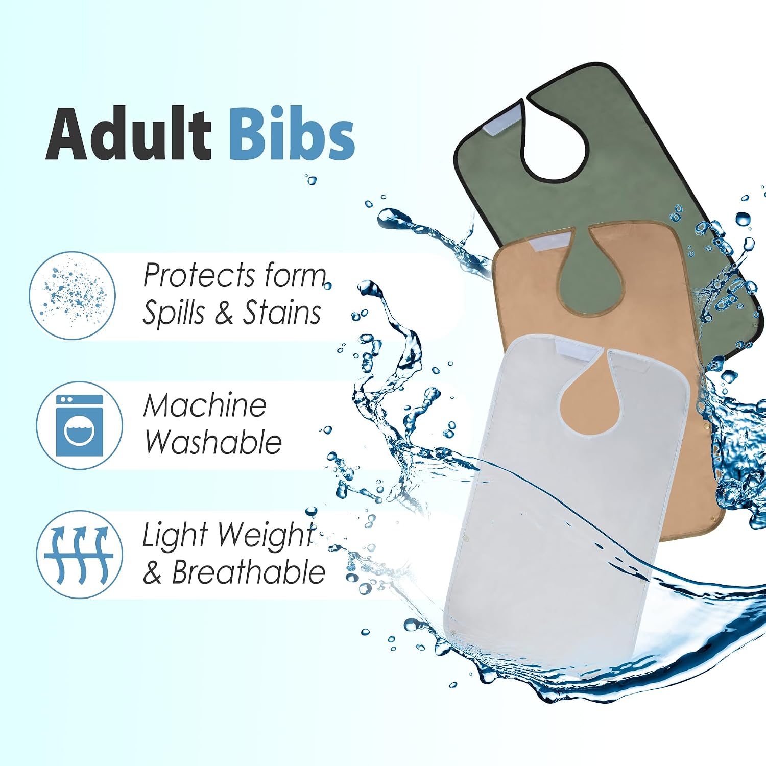 Leekalos 3 Pack Adult Bibs, Reusable Waterproof Washable Dining Clothing Protector with Crumb Catcher