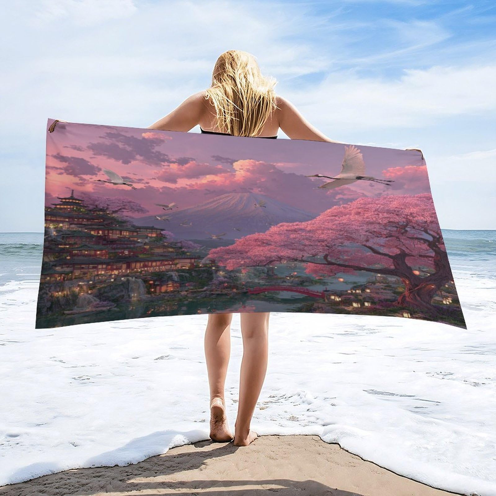 Luyysky Beautiful Abstract Animal Crane Quick-Drying Beach Towel, Retro Oil Painting Japanese Mount Fuji Plant Cherry Blossoms Travel Vacation Single Sided Pile Bathroom Towels-80 W Cm X 160" L Cm
