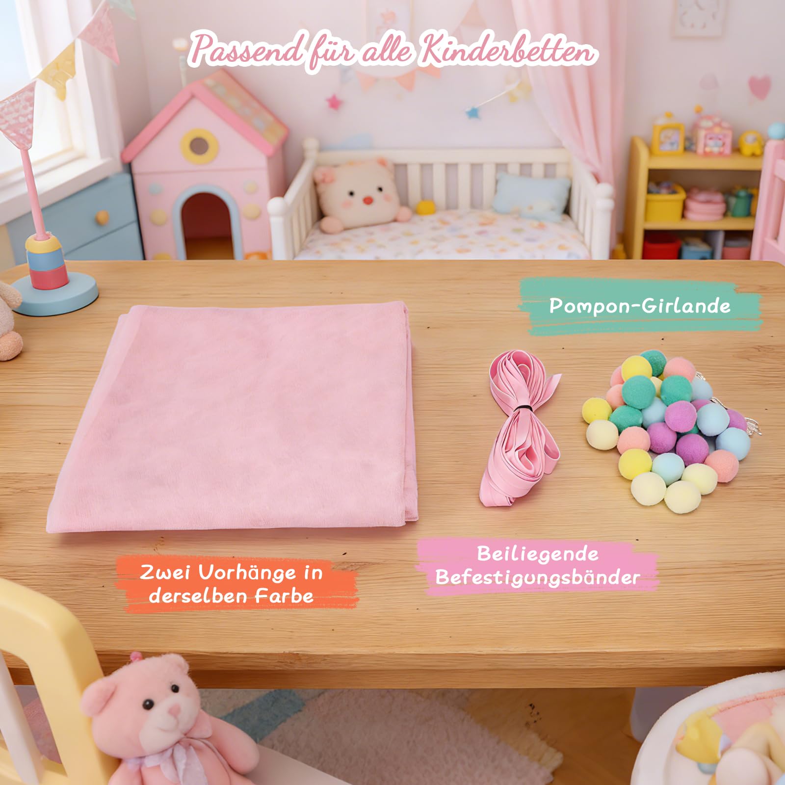 2 pezzi Tenda da letto a baldacchino per lettino bambini, 160x350cm con ghirlanda di pompon colorata e fasce di fissaggio, tende leggere e traspiranti per decorazione (Rosa)