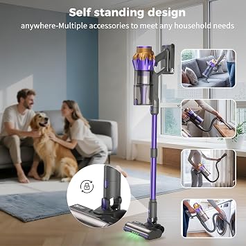Cordless Vacuum Cleaner pet Hair, 600W 55kPa 70Mins Stick Vacuum Cleaners for Home with Pet Brush, Self-Standing and Touch Screen, Vacuum Cordless for Pet Hair