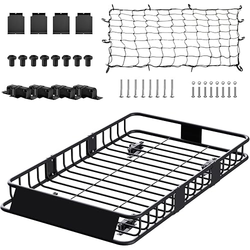 FORWODE 250LBS Universal Roof Rack Basket, 64"x39"x6" Rooftop Cargo Carrier Rack, Rust-Proof Roof Cargo Basket with Cargo Net