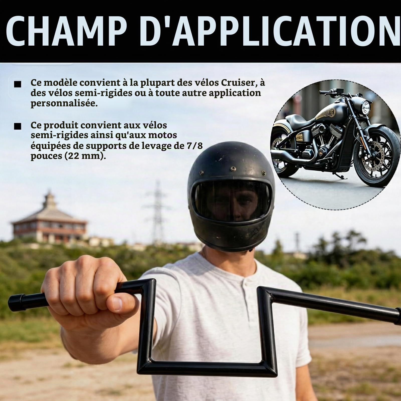 Guidon Moto, Z Bar Ø22 mm 7/8 Pouce, Rehausse 8" En Acier Robuste Avec Abaissement Central Style Chopper Pour Harley Yamaha Suzuki Kawasaki MT07 MT09 Touring Street Bike Cruiser ATV
