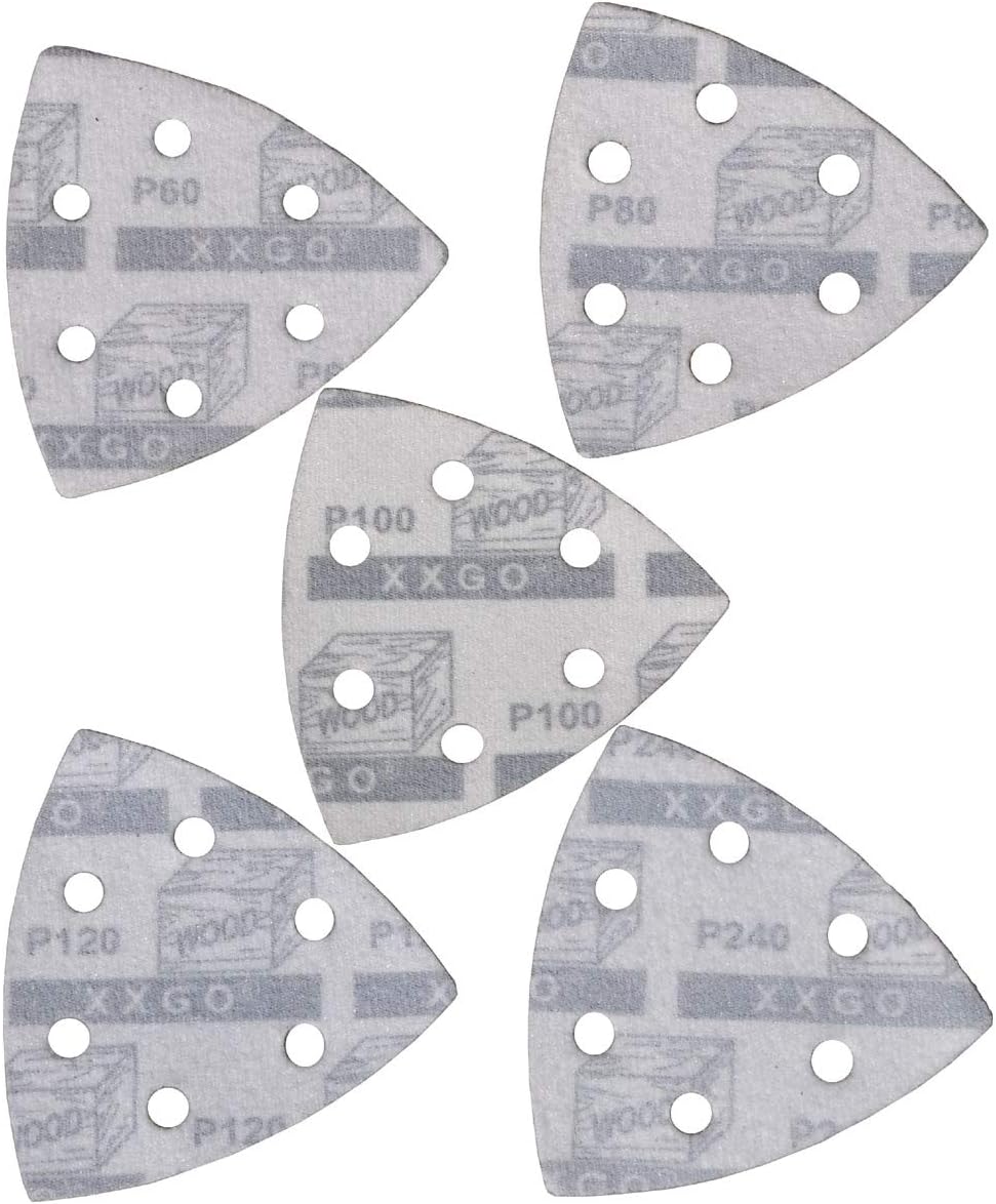 XXGO 3-1/2 Inch 90mm Triangular 60/80 /100/120 /240 Grits Hook & Loop Multitool Sandpaper for Wood Sanding Contains 20 of Each Fit 3.5 Inch Oscillating Multi Tool Sanding Pad Pack of 100 XG9010 - - 