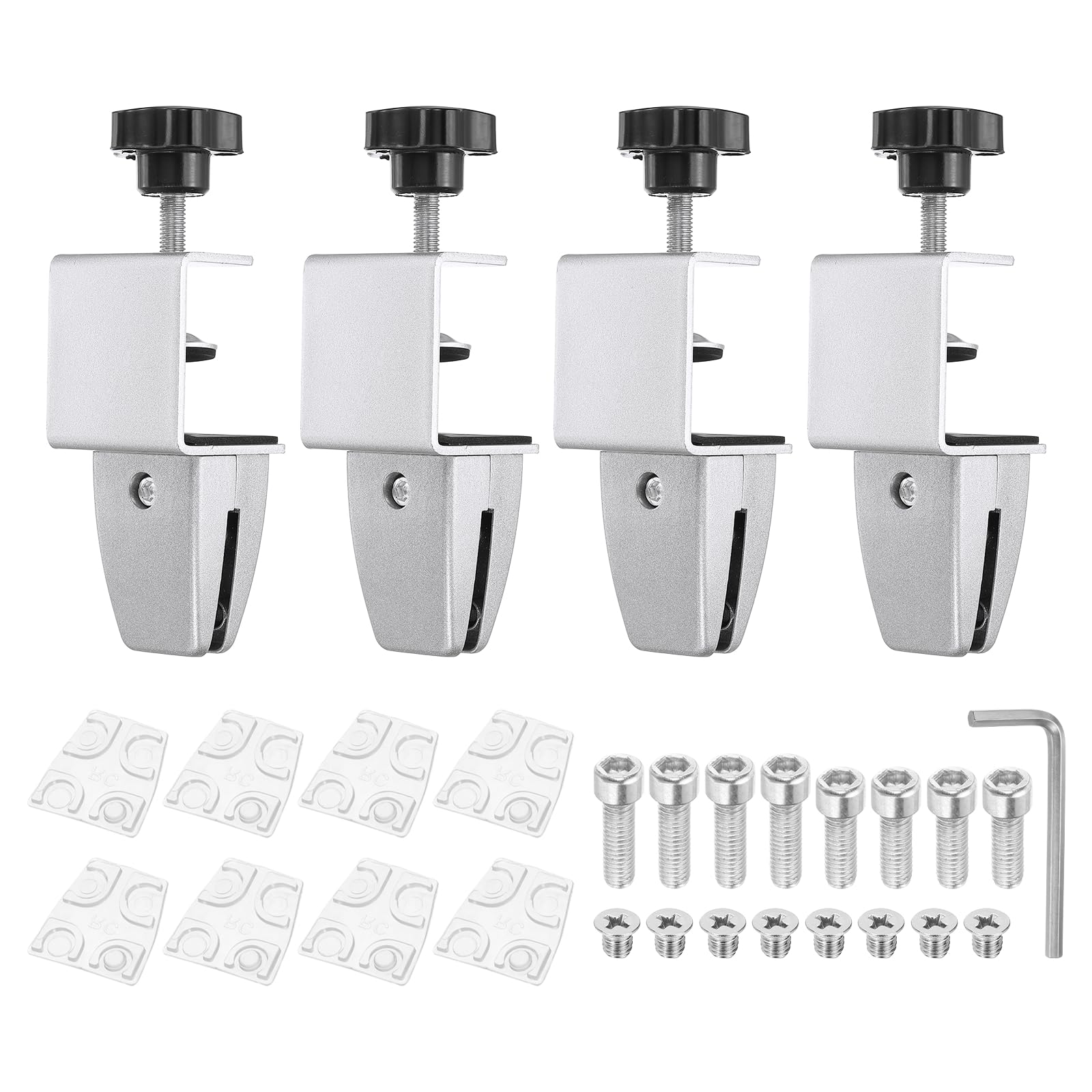 PATIKIL 4 Pcs 1/8" to 1/2" Adjustable Desk Divider Partition Clips, Aluminum Sneeze Guard Support Clamps Desktop Divider Clips for Offices Stores, Counter Privacy Panel,Silver
