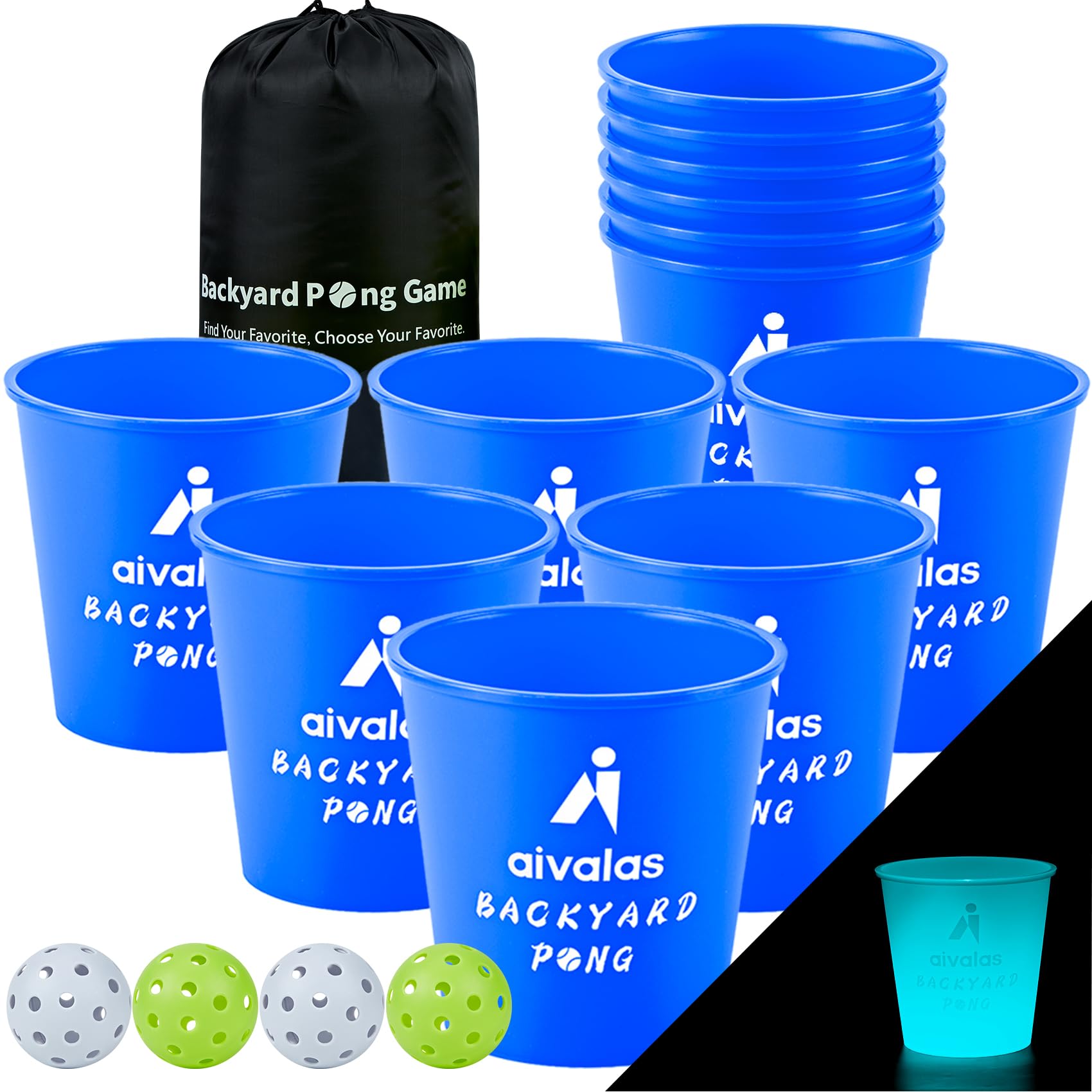 Yard Pong Outdoor Games, Glow in Dark Outdoor Yard Game for Adults and Family with 12 Buckets, 4 Balls, Giant Glow Backyard Games for Beach, Camping, Lawn