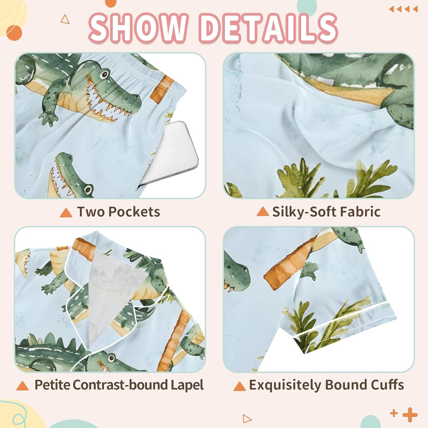 Kids Casual Satin Wear Set Palm Tree Crocodile Pattern Unisex Short Sleeve Clothing for Relaxing
