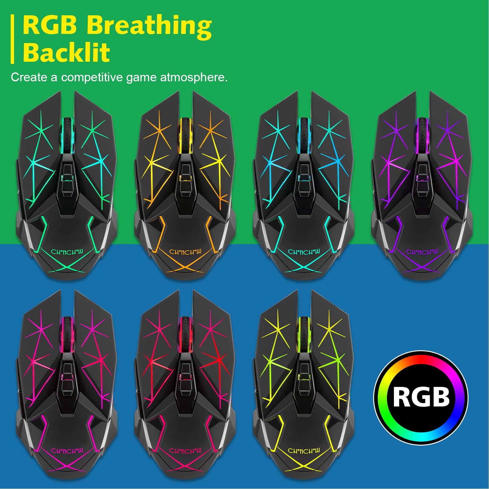 CHONCHOW Ratón inalámbrico para juegos para laptop con botones laterales para PS4/PS5/Xbox One, mouse de PC recargable con receptor USB 2.4G, 3.200 DPI/7 botones/retroiluminación RGB, mouse ergonómico
