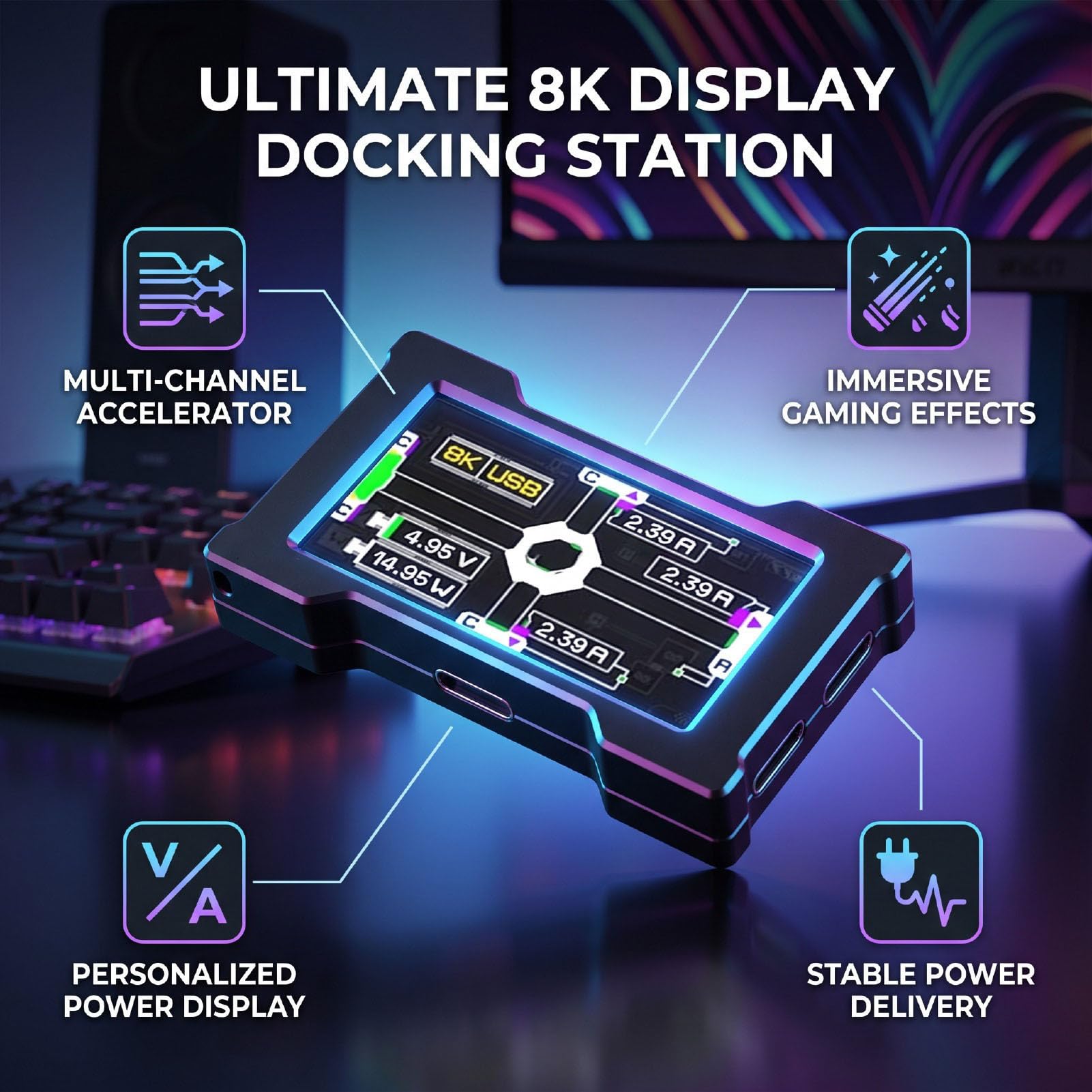 Jectse Stacja Dokująca USB C Hub, Kolorowy Wyświetlacz 8K (BLACK)
