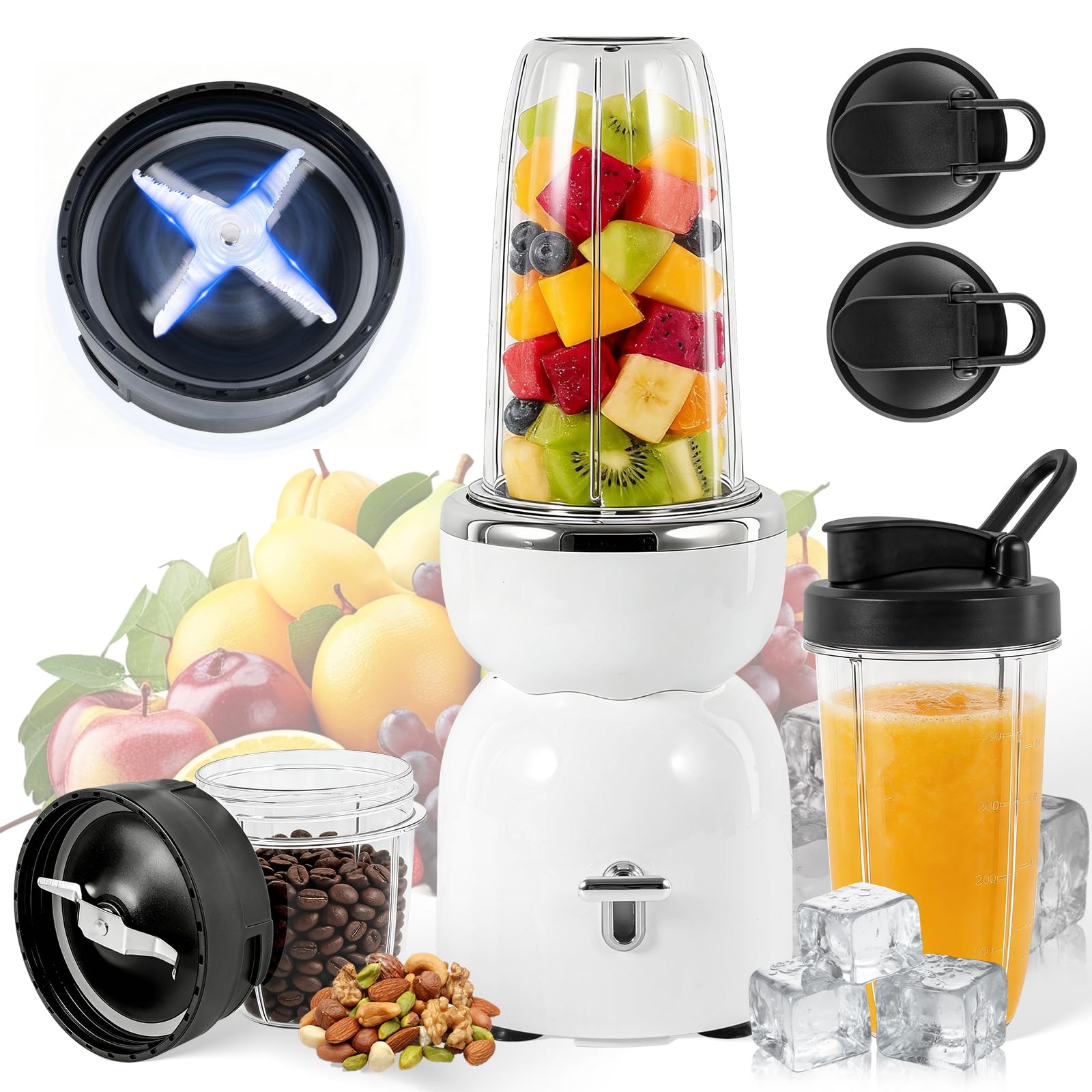Licuadora portátil de 500 W, exprimidor de 25000 rpm, mezcla extractora de batidos, frutas congeladas, nueces y hielo, con 2 tazas ToGo de 500 ml, molinillo de 300 ml y 2 asas de transporte, ideal