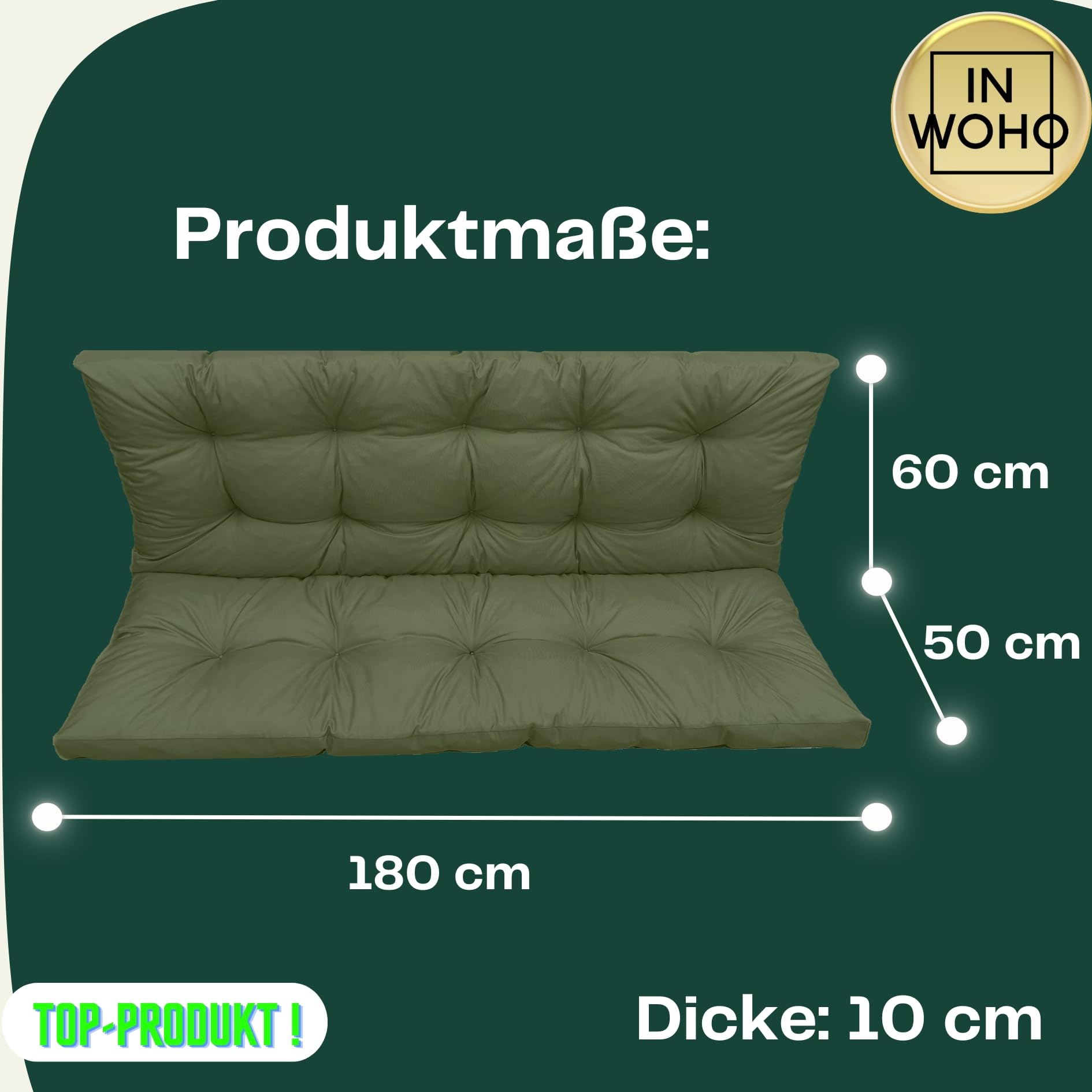 Cuscino per dondolo da giardino, impermeabile, per panca da giardino, per panca da giardino, 180 x 60 x 50 cm, verde