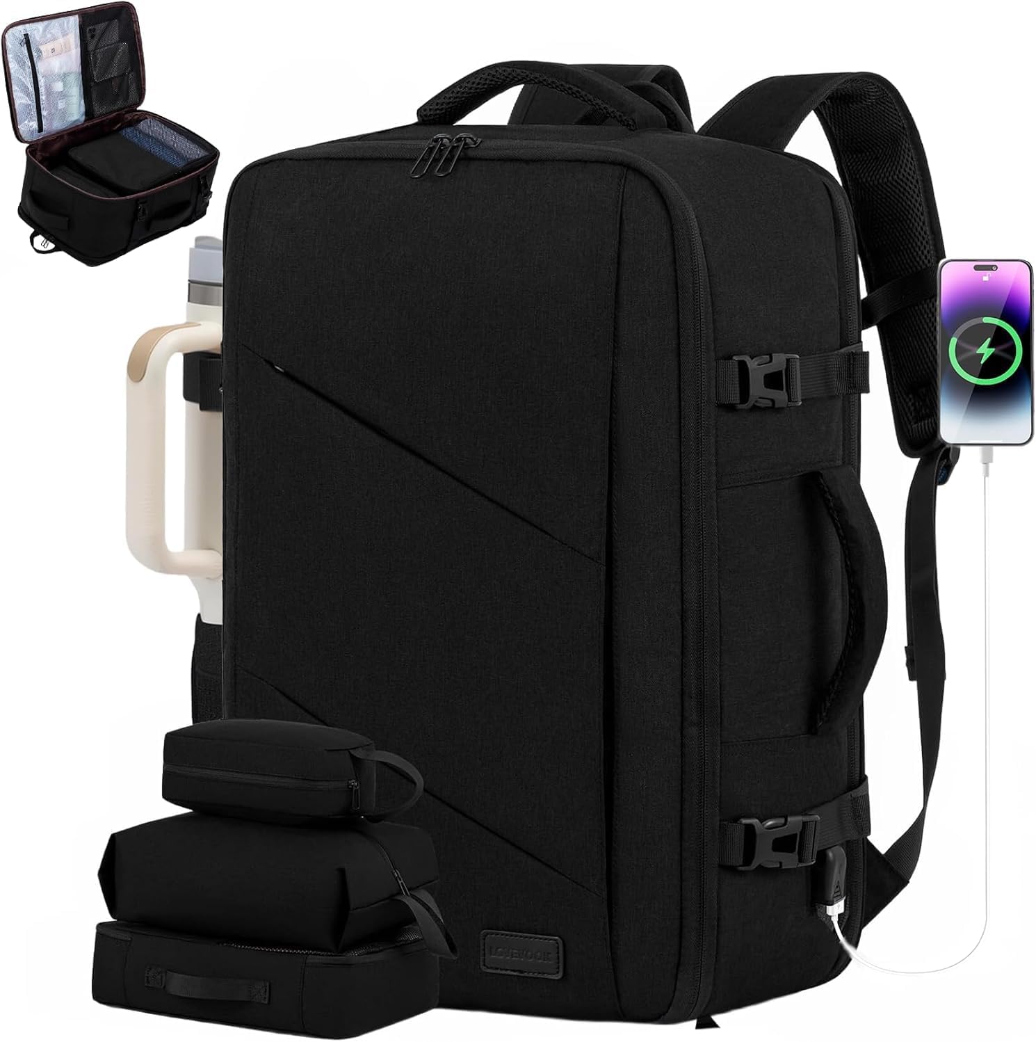 - LOVEVOOK Travel Carry on Backpack, Large 40L Personal Item Travel Bag for Men & Women Flight Approved with 3 Packing Cubes, Suitcase Water Resistant Luggage Daypack Business Weekender Bag, Black