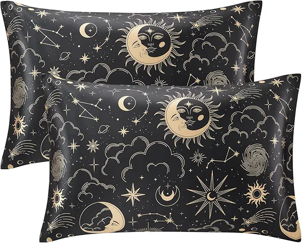 EXQ Home Satin Pillowcase for Hair and Skin Queen - Black Printed Silk Pillow Cases 2 Pack 20x30 inches - Satin Pillow Cases Set of 2 with Envelope Closure, Gifts for Women Men