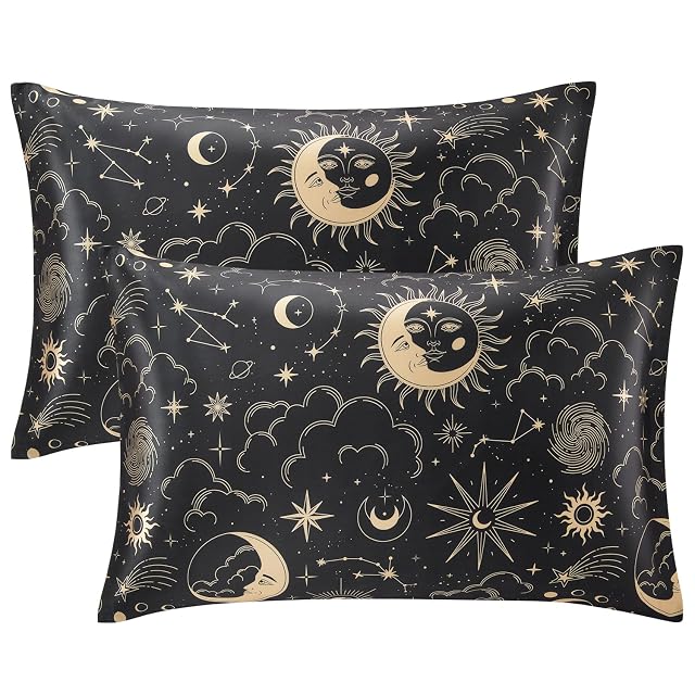 EXQ Home Satin Pillowcase for Hair and Skin Queen - Black Printed Silk Pillow Cases 2 Pack 20x30