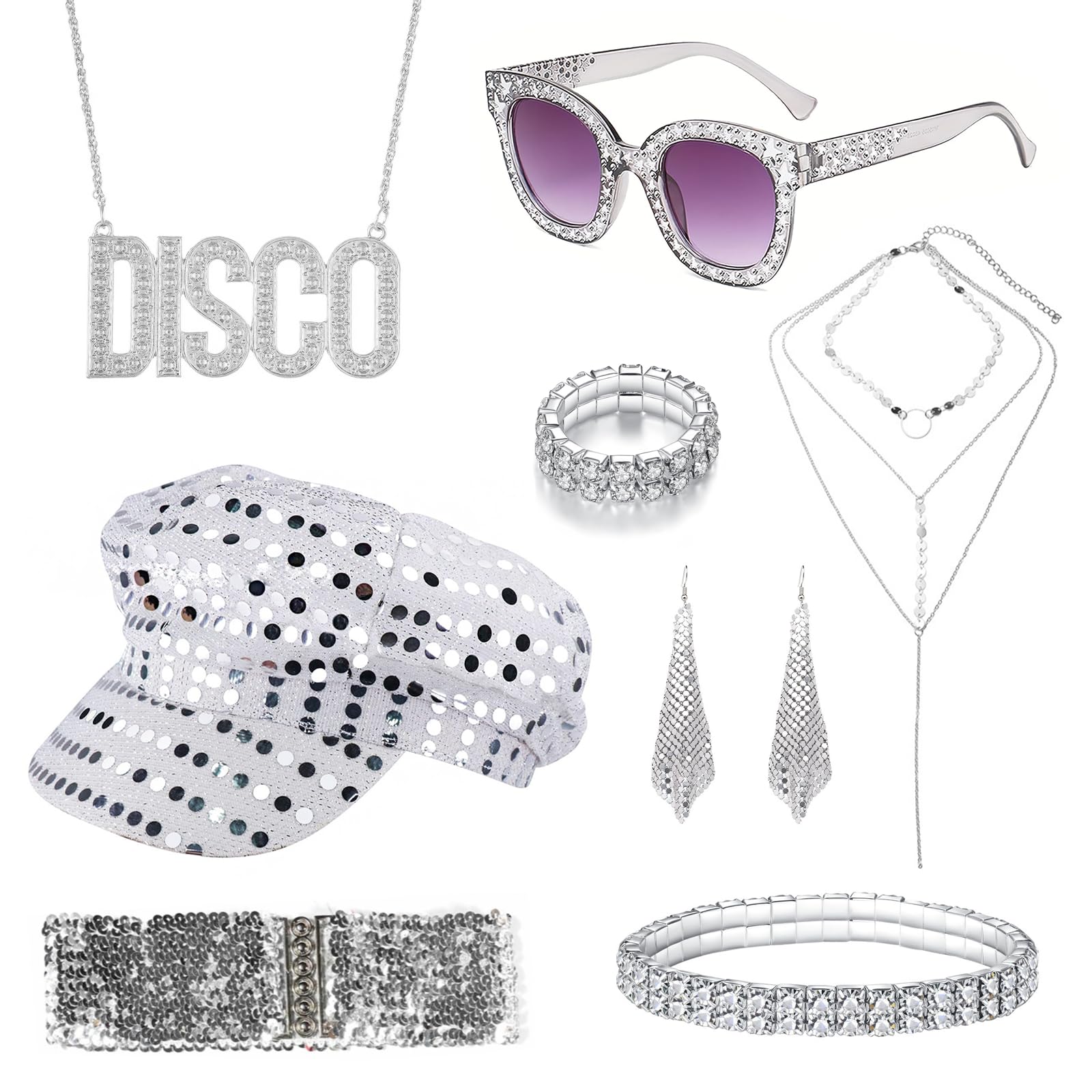 8 Pcs 70s Disco Accessories, 70s Fancy Dress Costumes with Sequins Hat Sunglasses Earrings Bracelet Belt Disco Costume Set for Women Theme Party Halloween Birthday Hippie Costume