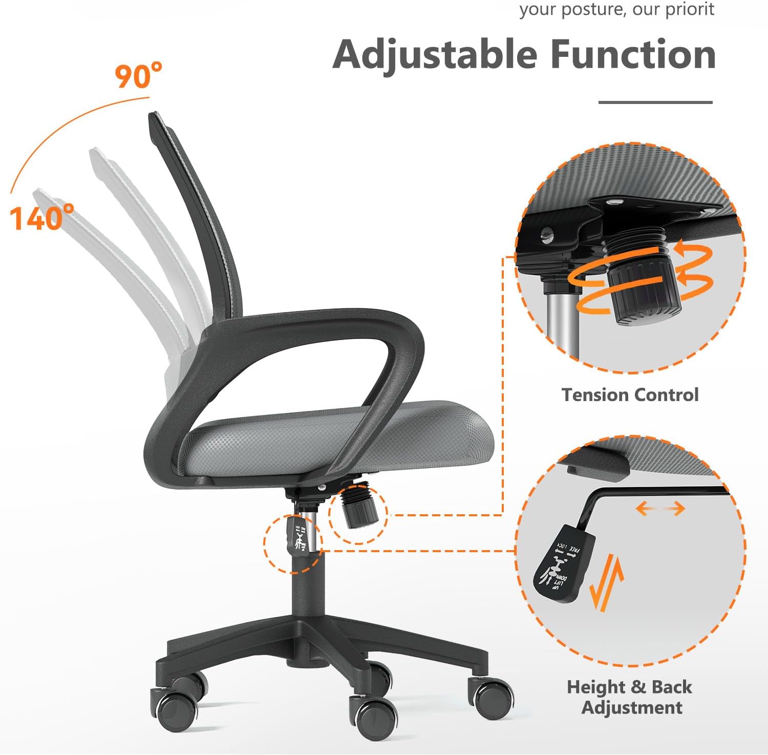Home Office Chair, Ergonomic Mid-Back Mesh Desk Chair with Lumbar Support, Adjustable Swivel Rolling Design, Comfy Armrest for Work, Study, Gaming, Vanity (Light Gray, Single Chair) - 4