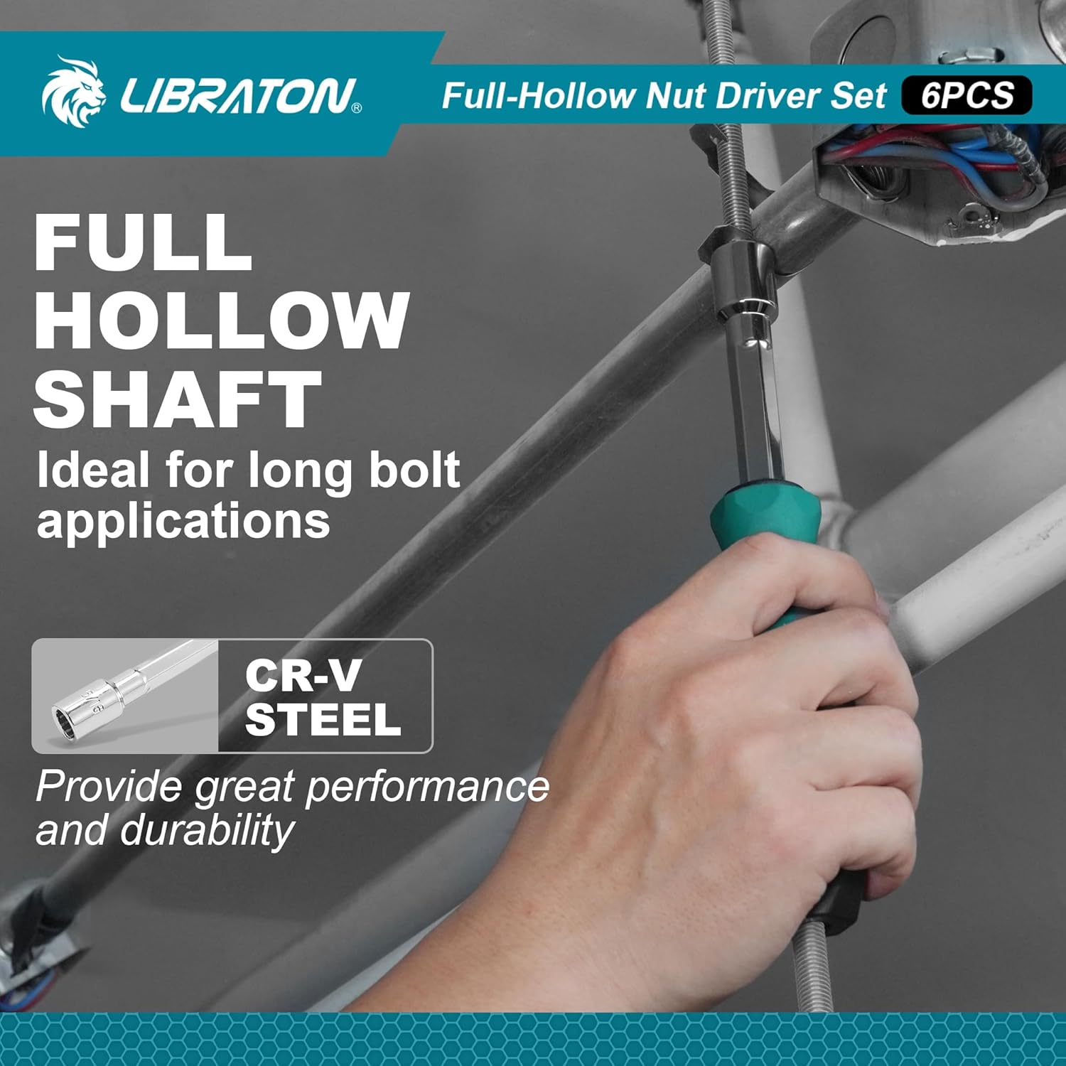 LIBRATON Full-Hollow Nut Driver Set SAE, 12-Point Magnetic Nut Drivers, Hollow Shaft for Long Bolts, 6PCS Heavy Duty Magnetic Nut Drivers with Through-Handle, 1/4, 5/16, 11/32, 3/8, 7/16, 1/2Inch