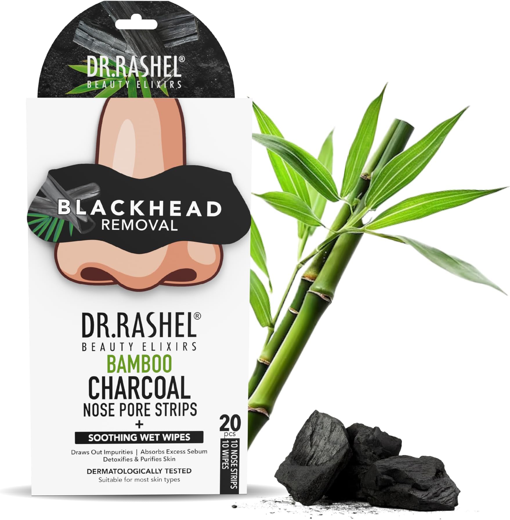 DR.Rashel Nose Pore Strips| Deep Cleansing Nose Strips For Instant And Painless Blackheads Removal 20 PCS (Bamboo Charcoal) (10 Strips &10 Wipes)