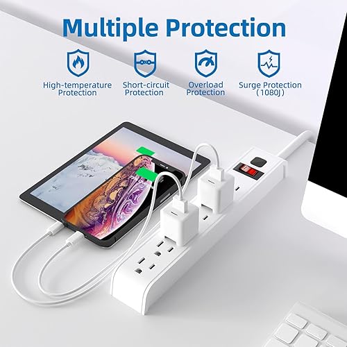 Miniatura 2 de Regleta protectora contra sobretensiones, cable de extensión de 6 pies, protección contra sobretensiones de 600 julios, protección múltiple de 6