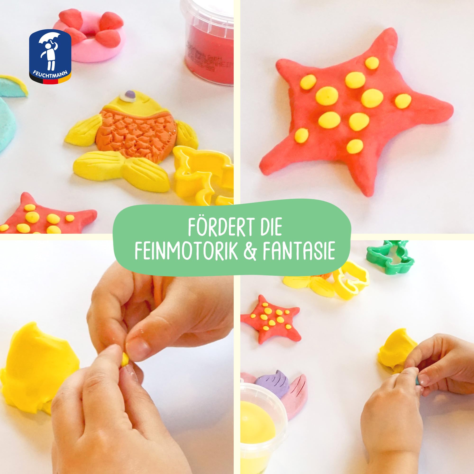 Feuchtmann Kids Soft Knete Basic Plus – 6 x 150 g miękka plastelina dla dzieci z akcesoriami, nietoksyczna, wegańska i bezglutenowa, susząca na powietrzu masa plastelinowa w zestawie do kreatywnej