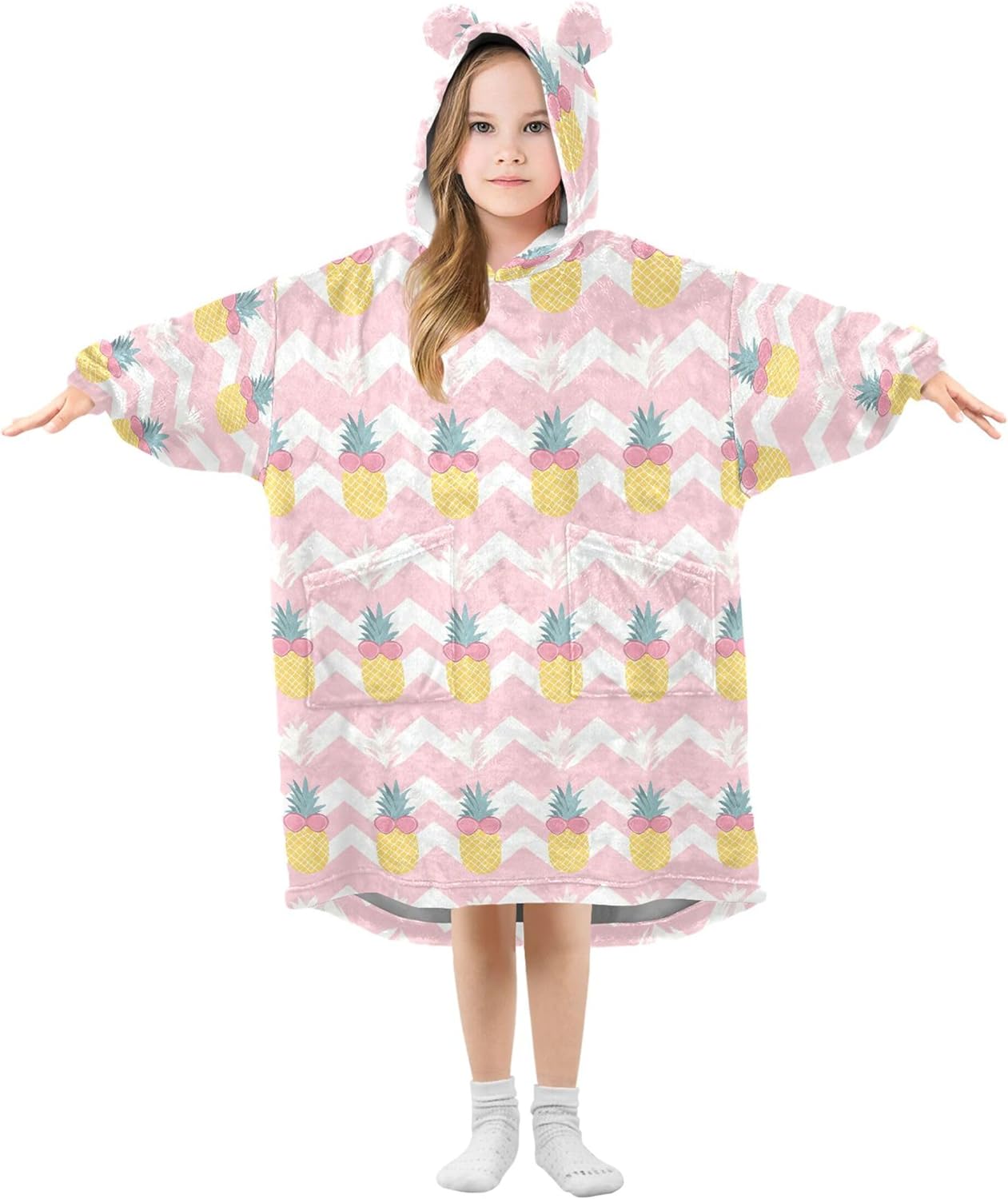 Pineapple Fruit Pink Kids Wearable Blanket Hoodie with Pocket and Sleeves for Toddlers, Cute Hoodies Girls B0403594