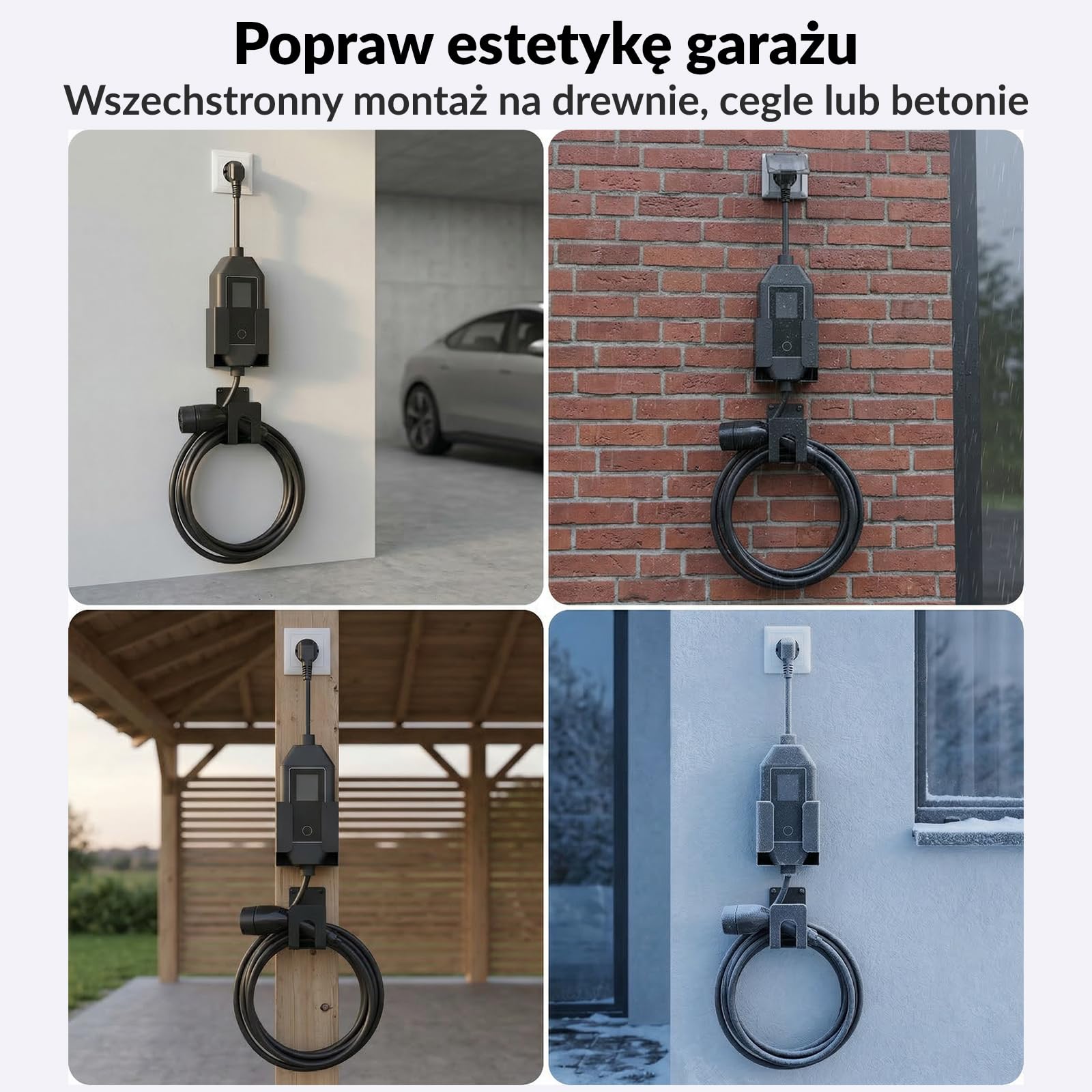 Zestaw Uchwytów do Ładowarki EV - Ścienny Organizer (Uchwyt na Skrzynkę Kontrolną & Hakiem J) do Przenośnych Stacji Ładowania Elektrycznych, Wytrzymały Metalowy Wspornik Kabli EV