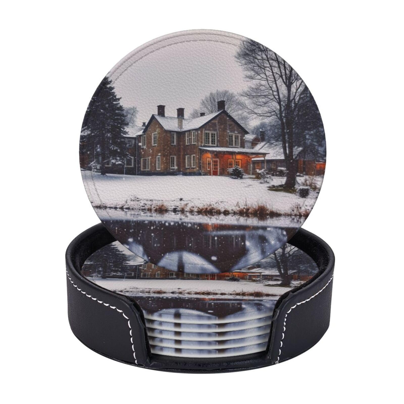 6PCS Drink Coasters with Holder, 4" Leather Coasters for Drinks, Winter Farmhouse Cup Coasters for Coffee Table Decor, Non-Slip Drinking Cup Mat for Hot or Cold Drink