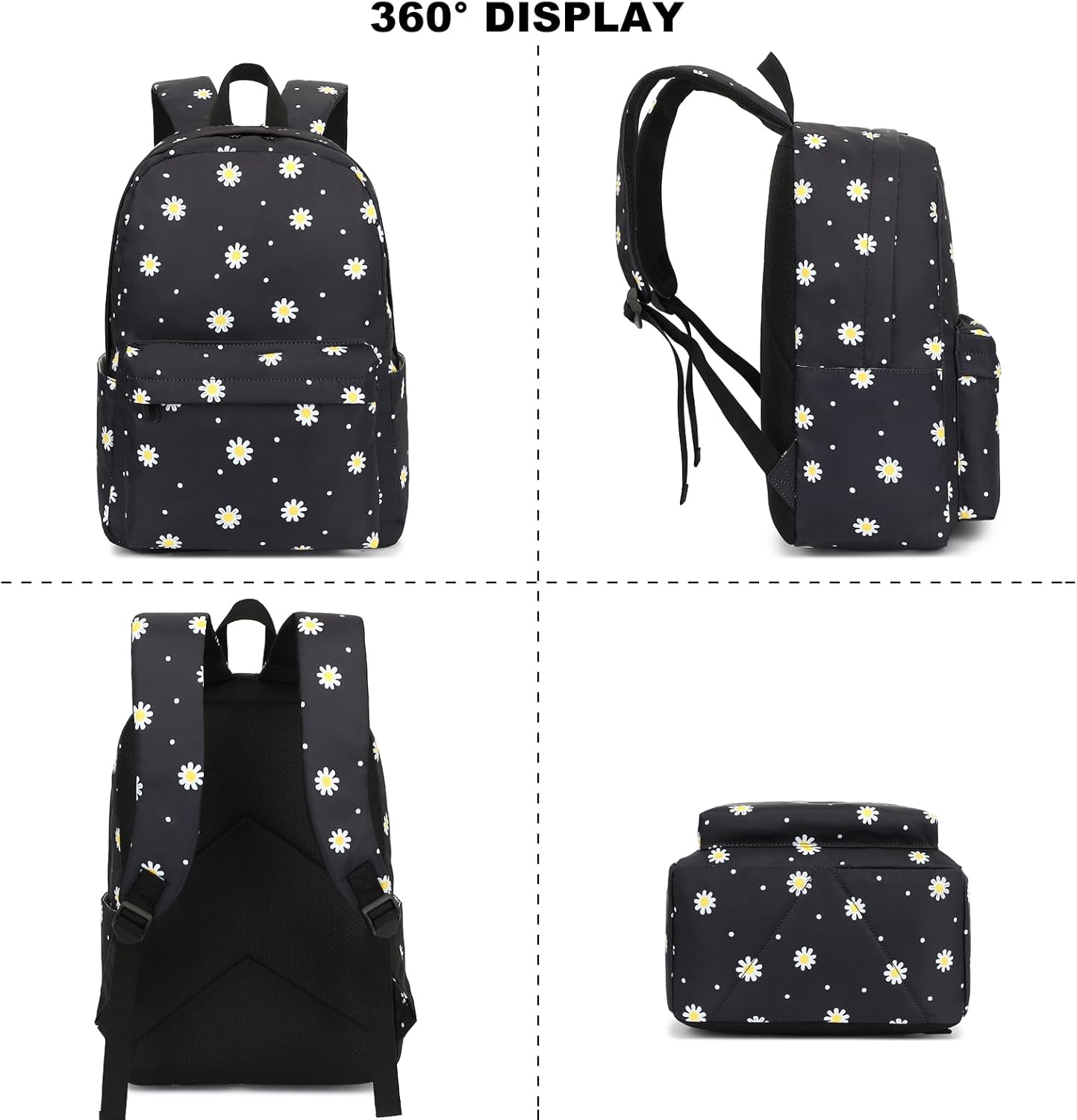 Flowers Girls Backpack for School, Kids Elementary School Bag Teens Middle Bookbag Set with Lunch Box Pencil Case (Daisy Black)