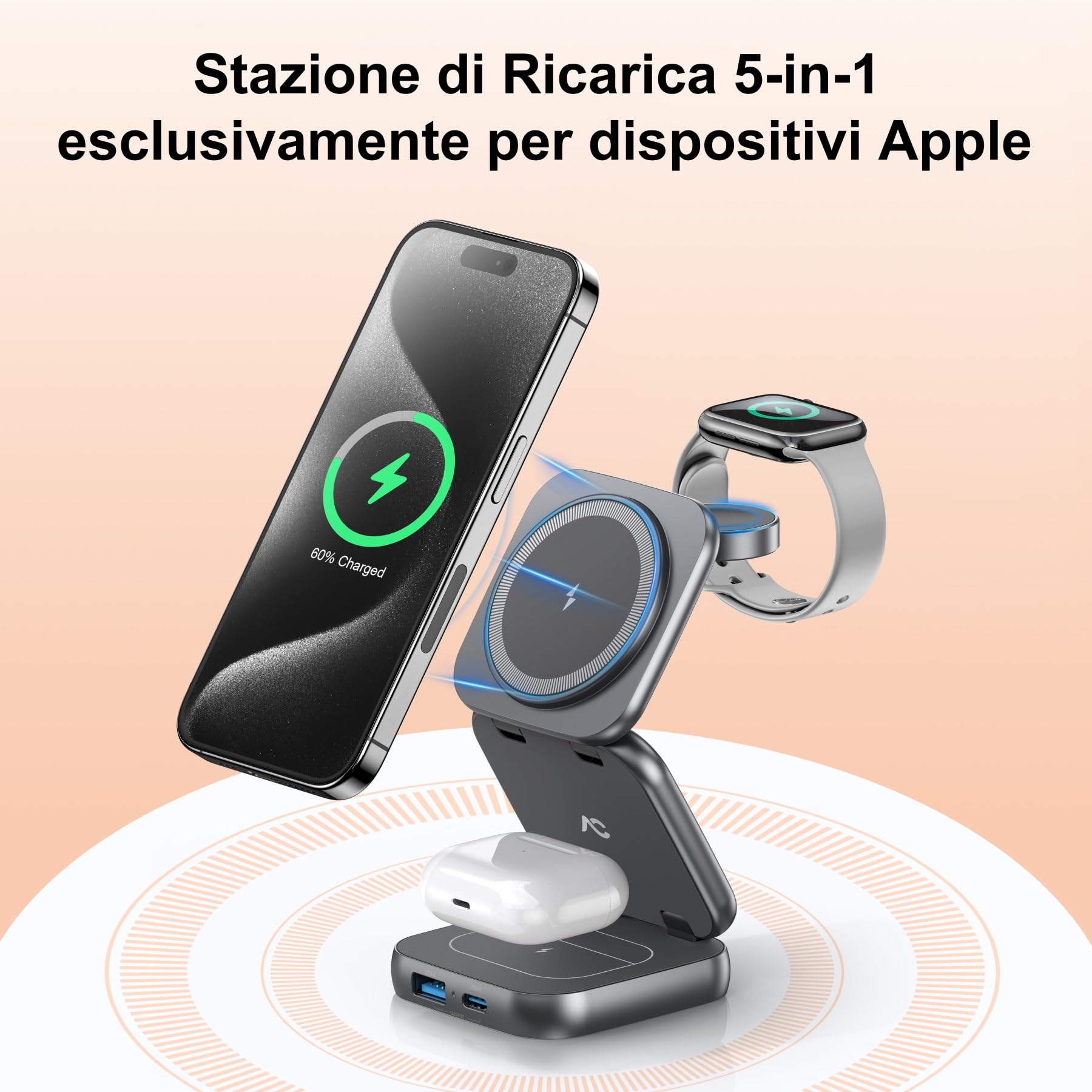 AC Island 2025 Caricatore Wireless Pieghevole 5 in 1, Stazione di Ricarica, Supporto di Ricarica Magnetica per iPhone 17/16/15/14/13/12 Serie, Apple Watch 11/Ultra, per AirPods Pro 3(Grigio)