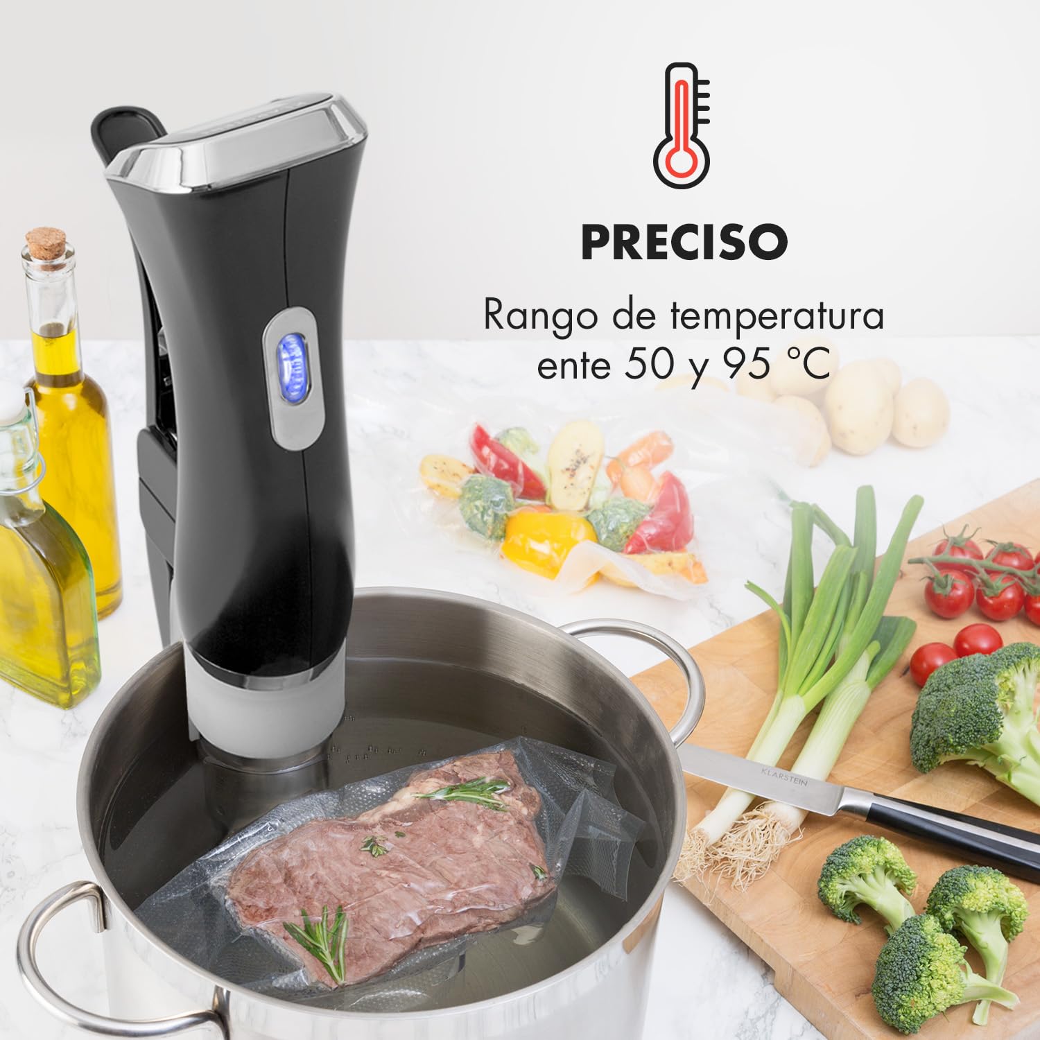 Klarstein Quickstick Sous Vide - Roner, Roner cocina baja temperatura con bomba circulación en 3D, Sous vide con temperaturas 50 a 95 °C, Potencia 1300 W, Pantalla Táctil, Hasta 20 Litros, Negro