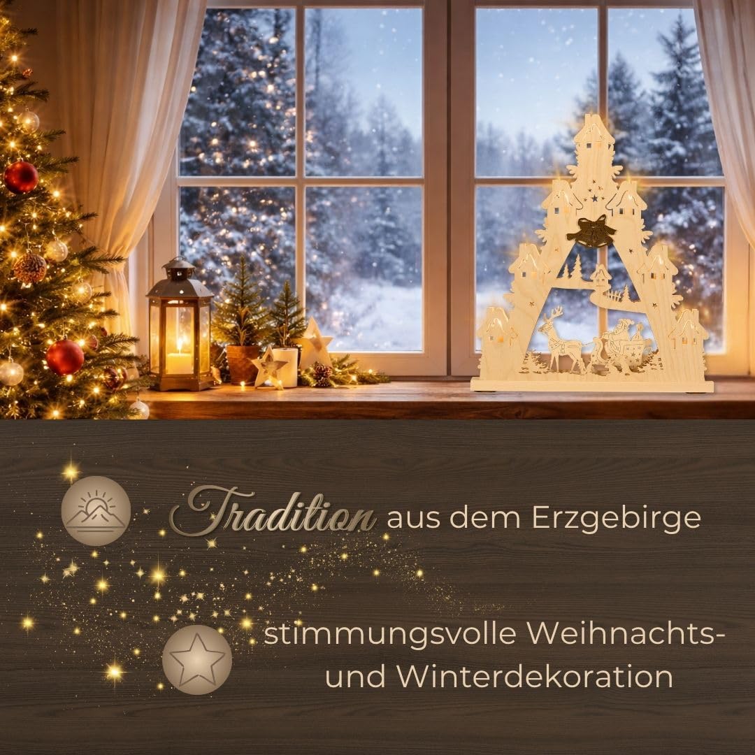 WEIGLA - Lichterspitze original Erzgebirge I Motiv Weihnachtsmann auf Schlitten I LED Lichterbogen Weihnachten I 7 Lampenkerzen + 1 Ersatzlampe I 7 x 34 V, 0,2 W, E10 I Weihnachtsdeko innen I aus Holz
