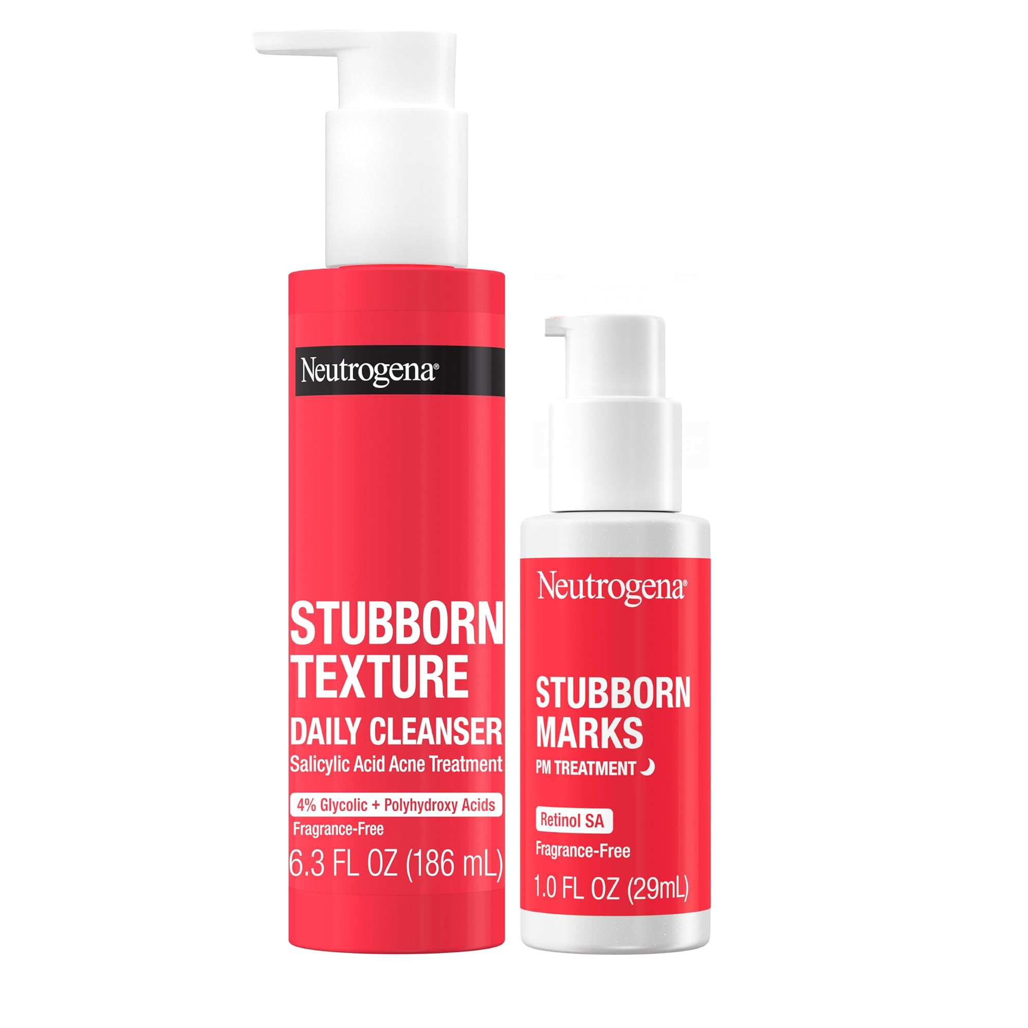 Stubborn Texture Daily Acne Facial Cleanser with Salicylic Acid, 6.3 fl. oz, & Neutrogena Stubborn Marks PM Treatment with Retinol, 1.0 fl. oz, Fragrance Free Skincare, 2 Items