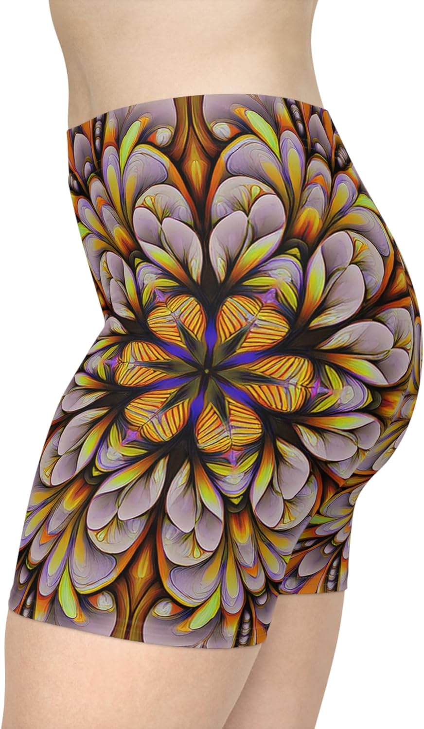 Vibrant Psychedelic Floral Biker Shorts Bohemian Activewear Summer Fitness Fashion Travel Festival Outfits Mitzisniftis Art