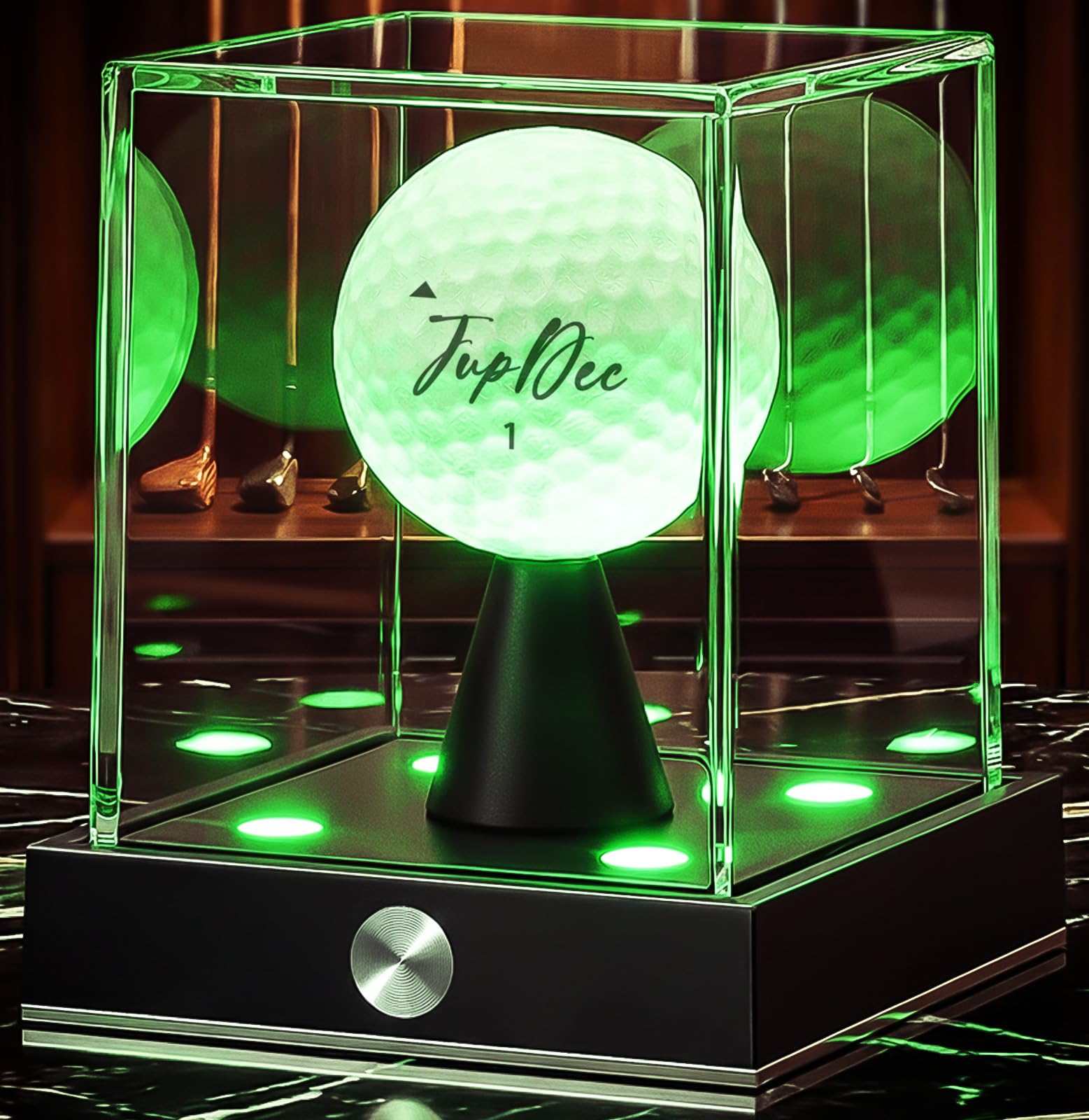 JupDec Cordless LED Golf Ball Display Case, Clear Acrylic Single Golf Ball Stand with 10 Color Light up, Autograph Cube Showcase with Memory Function, Ideal Gift for Sports Fans