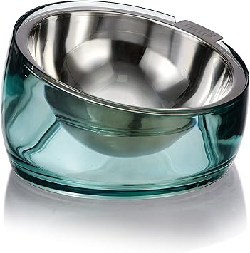 Felli Pet Oblik Raised Dog Food Bowl Stainless Steel Slanted Oval Dish Dishwasher Safe, No Spill for Small Medium Frenchie Bulldog, Elevated Acrylic Stand Tilted Metal Feeder 1.5Cups, Classic