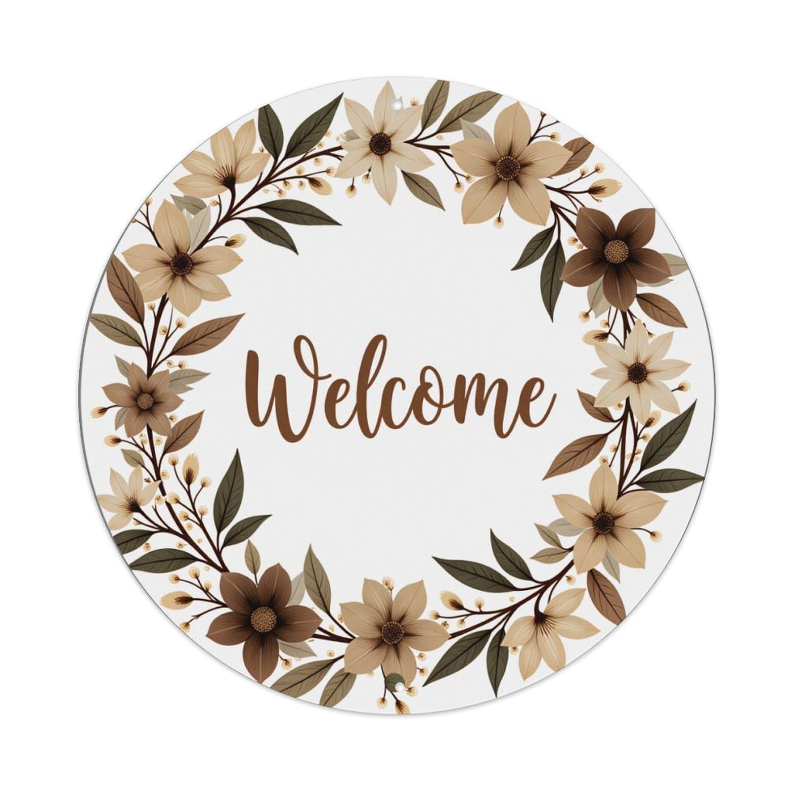 Floral Wreath Welcome Design Pattern Round Tin Sign Vintage Metal Poster, Home Bar Garage Man Cave Cafe Indoor & Outdoor Wall Decoration 8x8Inches