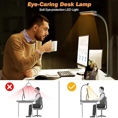 Vista 52 de Lámpara de escritorio LED para oficina en casa, luz con atenuación continua, cuello flexible ajustable, adaptador USB de 10 W, abrazadera para Blanco