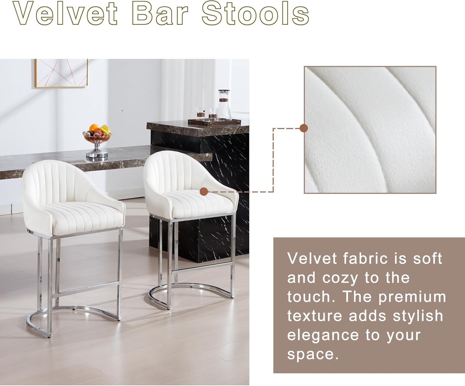 27 Inch Bar Stools Set of 4, Counter Height Barstools Kitchen Island Chairs with Silver Legs, Velvet Upholstered Barstools with Back,Beige