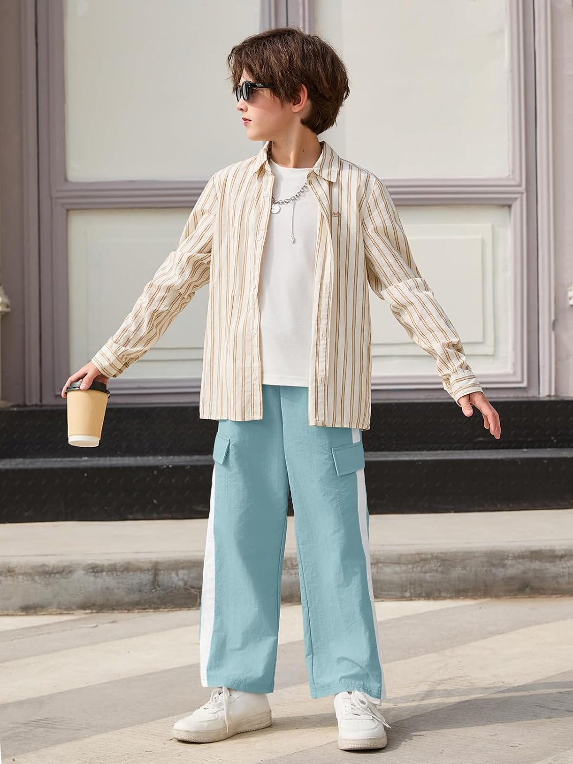 Haloumoning Boys Wide Leg Cargo Pants Kids Striped Elastic Waist Parachute Trousers with Pockets 5-14 Years - Image 5